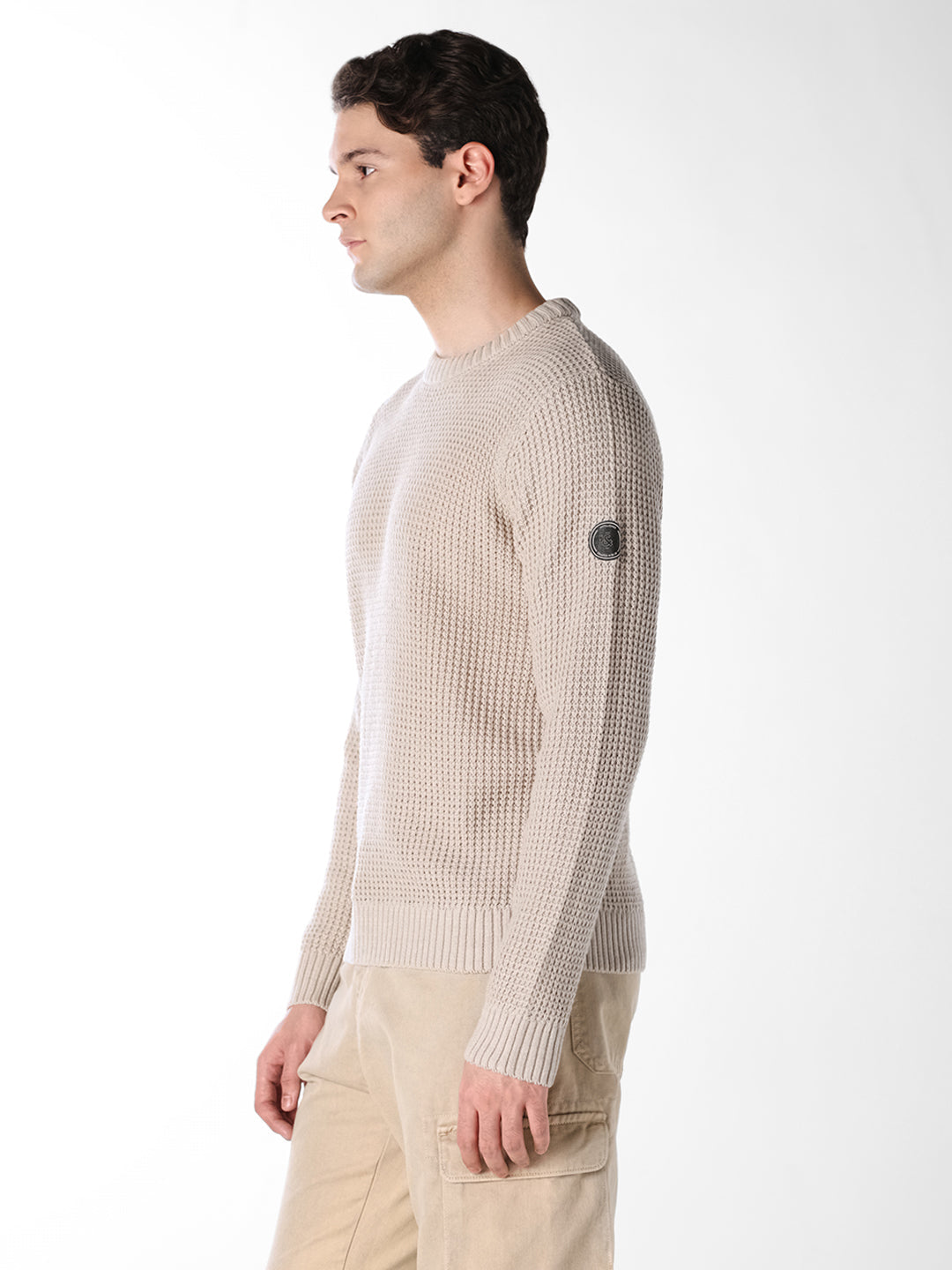 Beige Jacquard Crew Neck Pullover