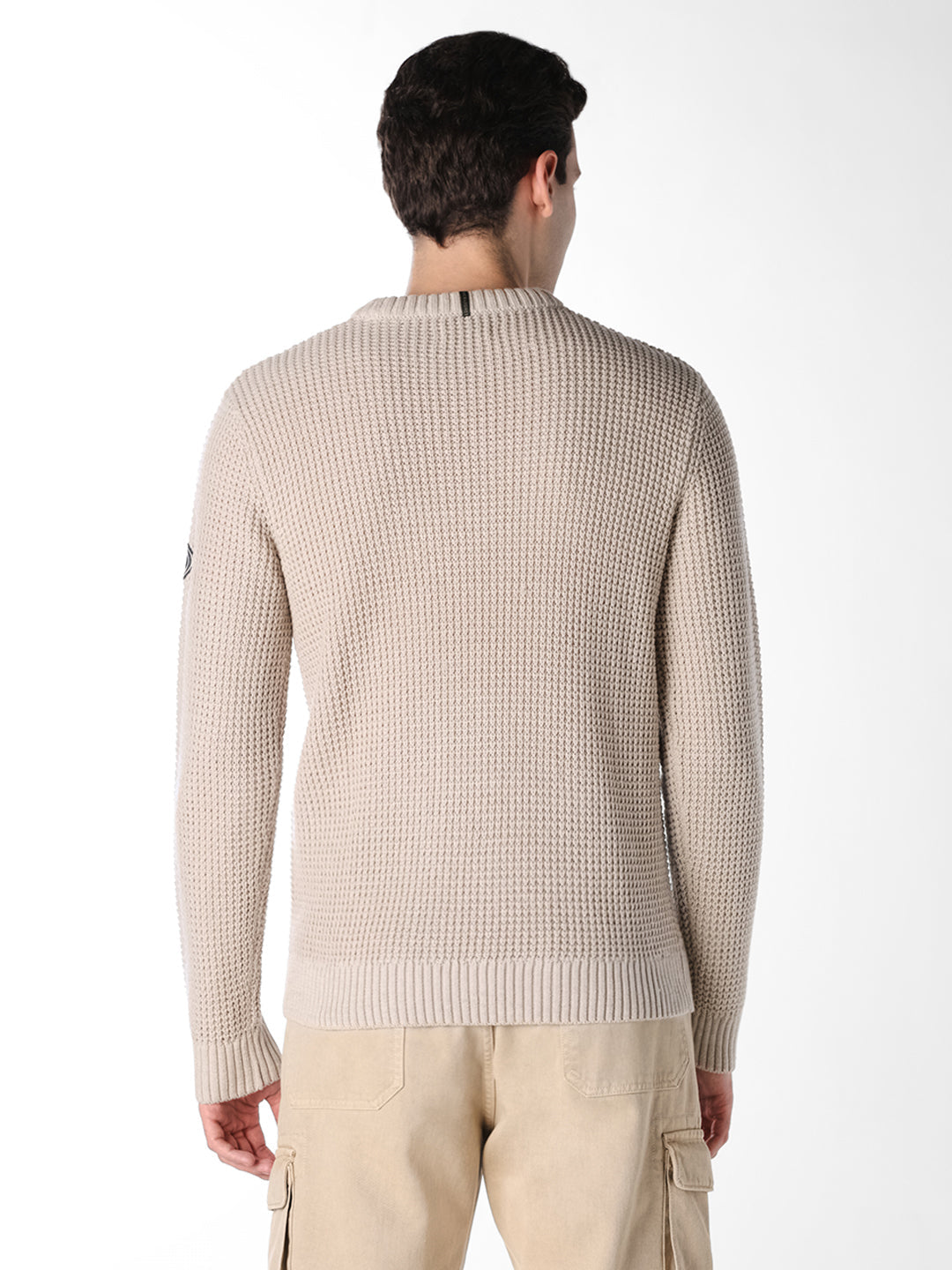Beige Jacquard Crew Neck Pullover