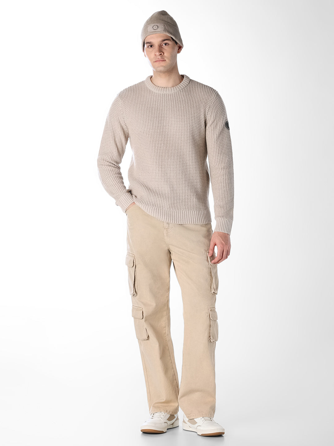 Beige Jacquard Crew Neck Pullover
