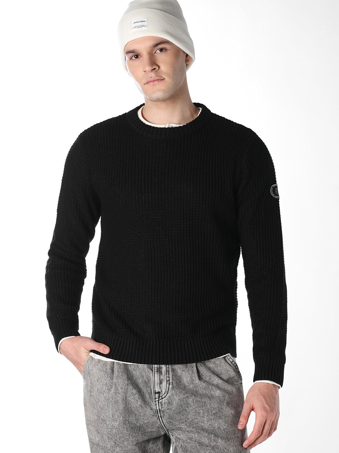 Black Jacquard Crew Neck Pullover - S
