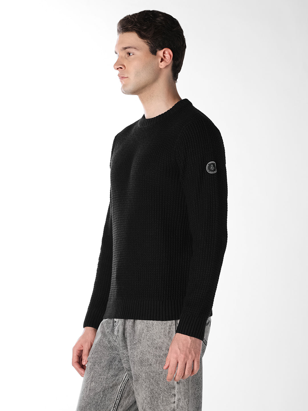 Black Jacquard Crew Neck Pullover