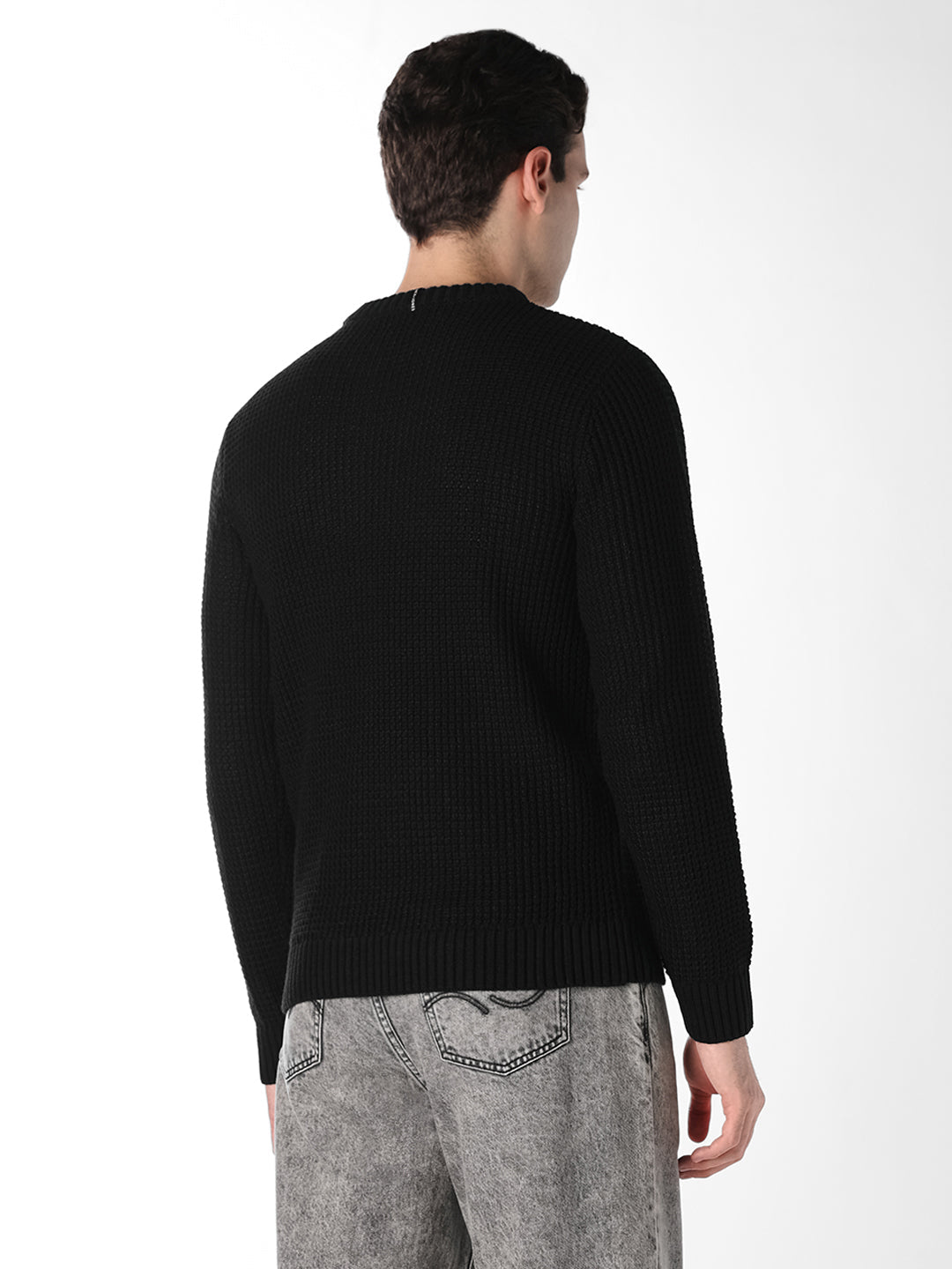 Black Jacquard Crew Neck Pullover