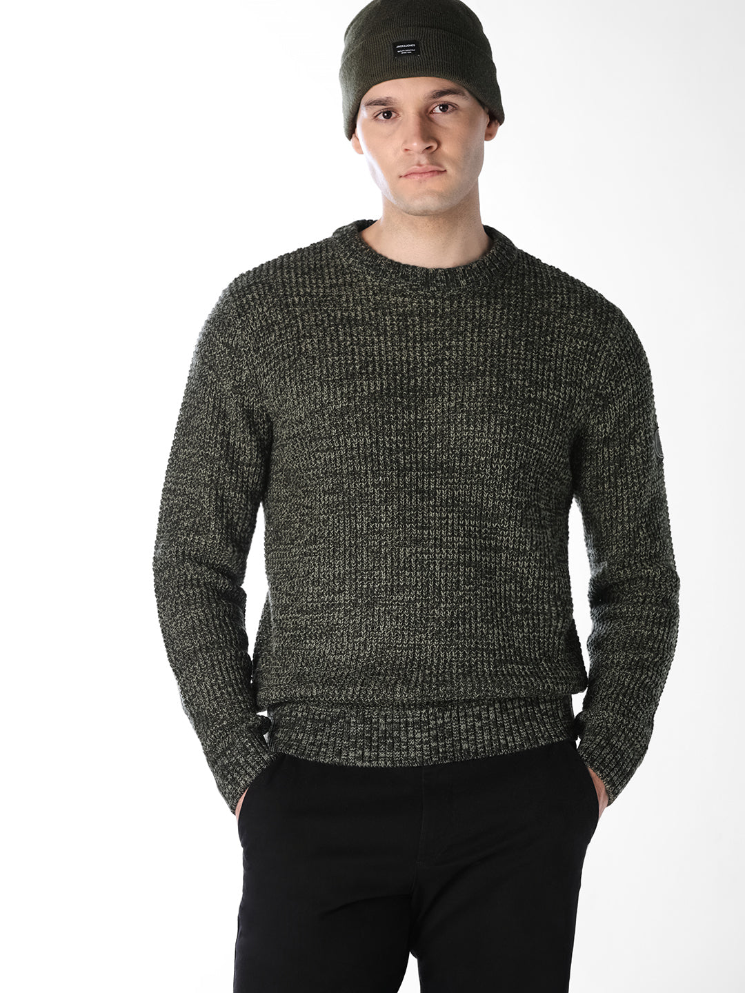 Green Jacquard Crew Neck Pullover - S