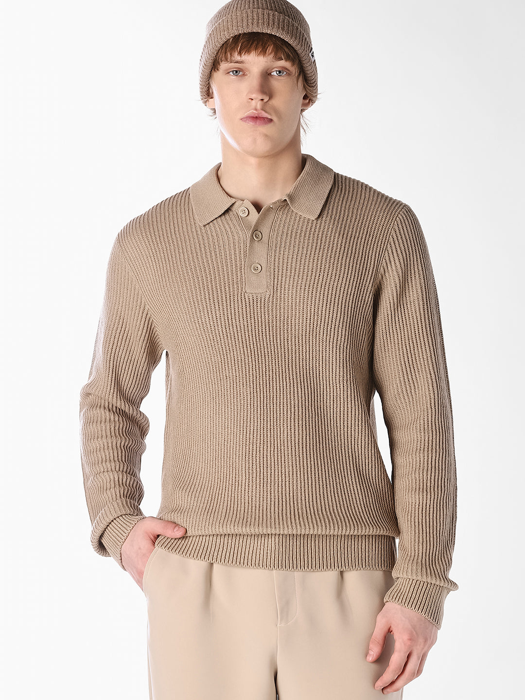 Beige Jacquard Knitted Polo - XS