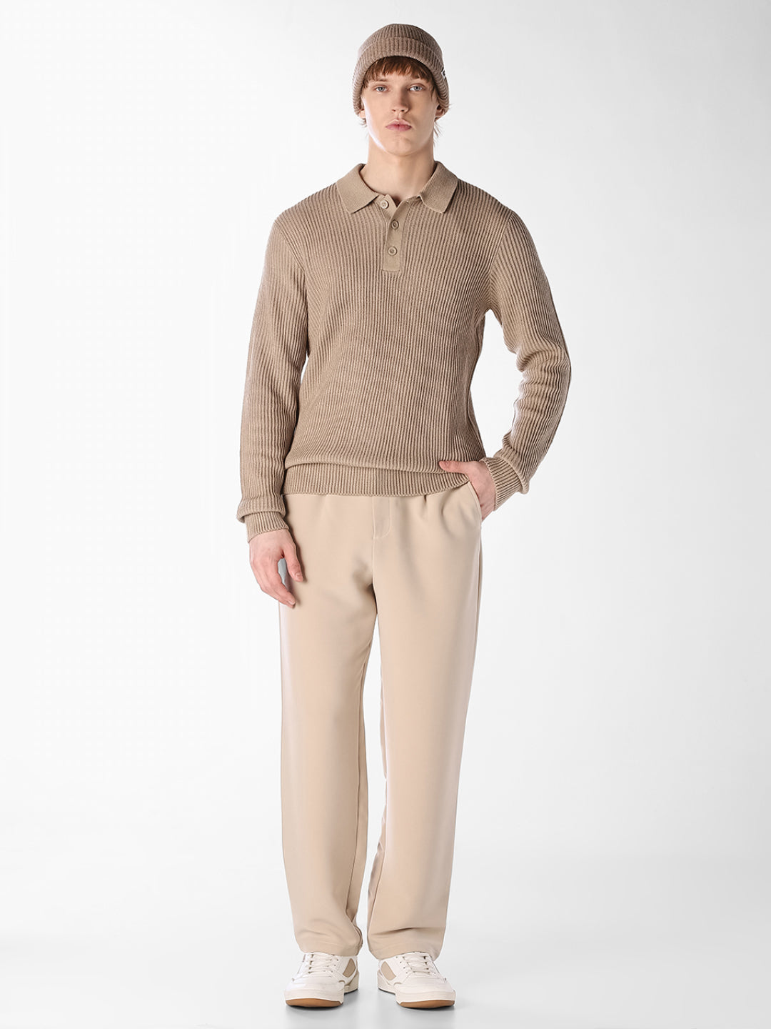 Beige Jacquard Knitted Polo