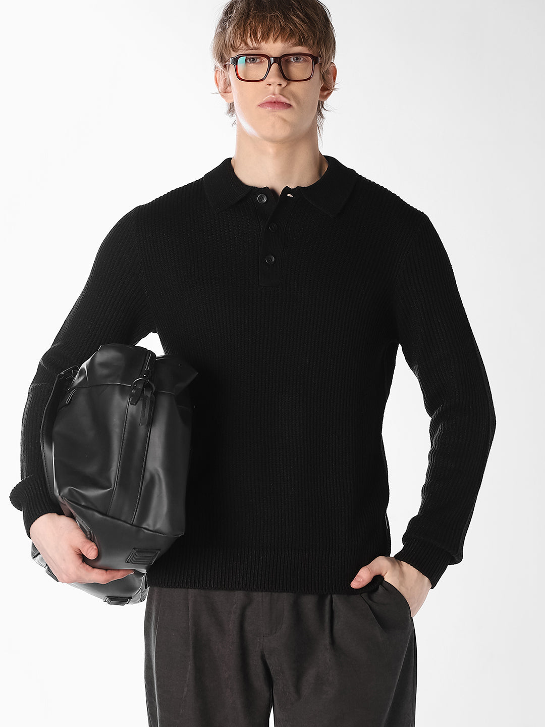 Black Jacquard Knitted Polo - XS