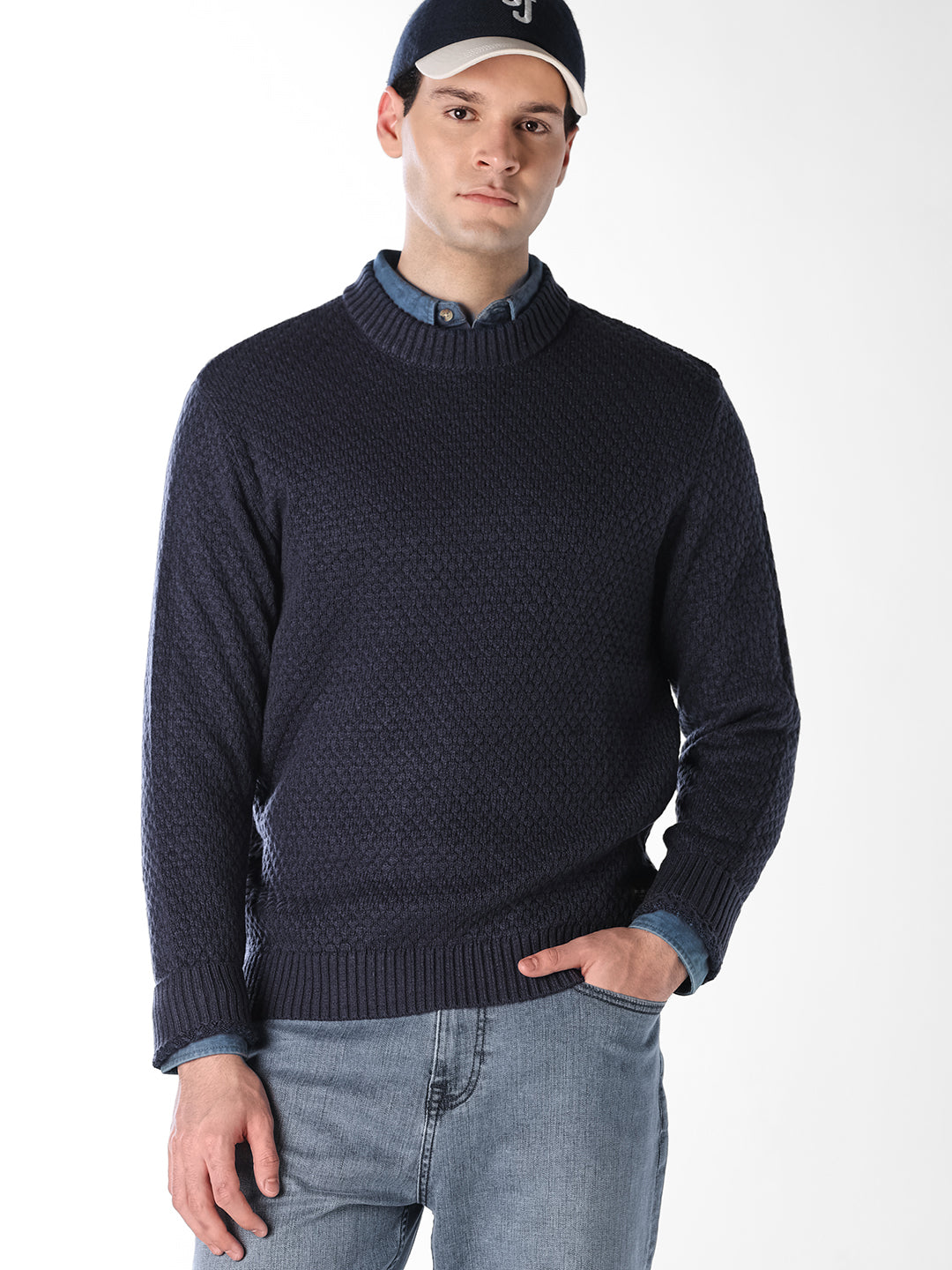 Navy Blue Textured Pullover - S