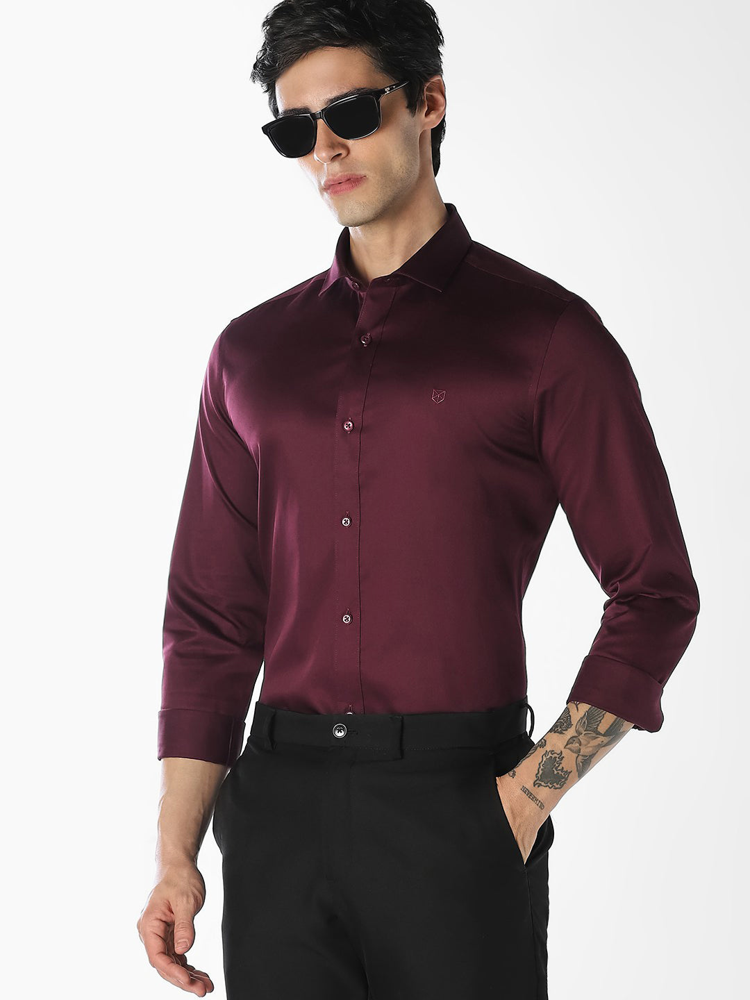 Cotton Twill Slim Fit Formal Shirt - Wine - S