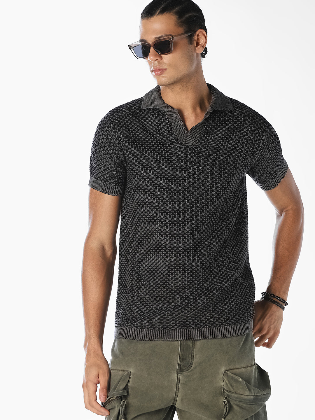 Charcoal Grey Textured Knitted Polo - S