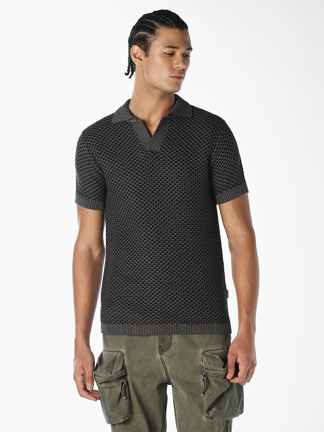 Charcoal Grey Textured Knitted Polo