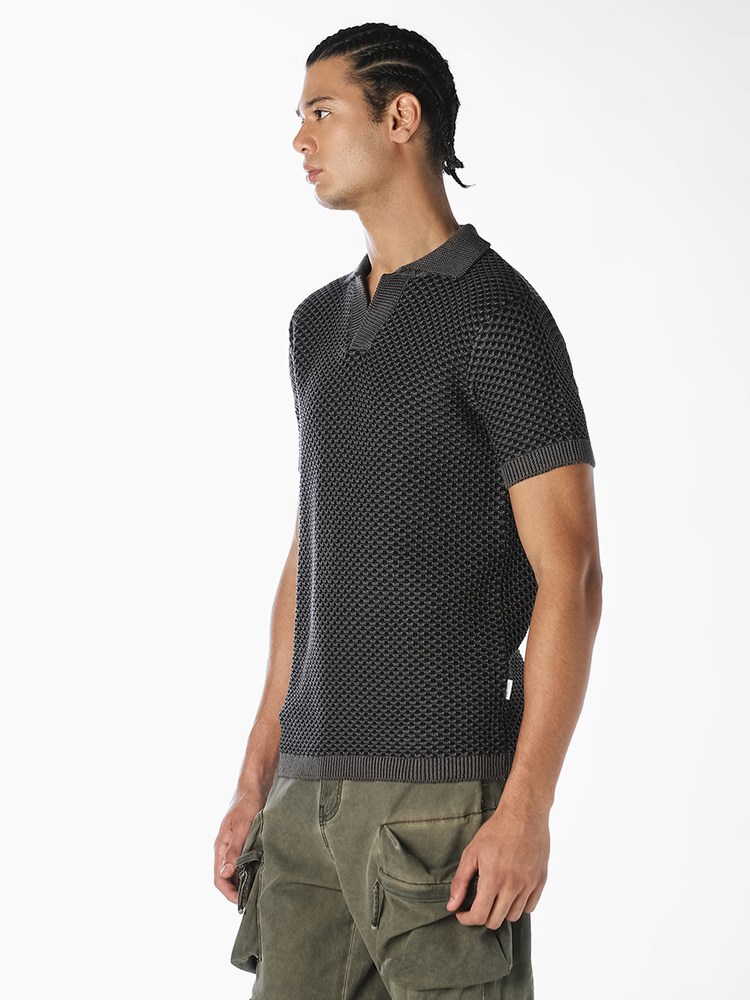 Charcoal Grey Textured Knitted Polo