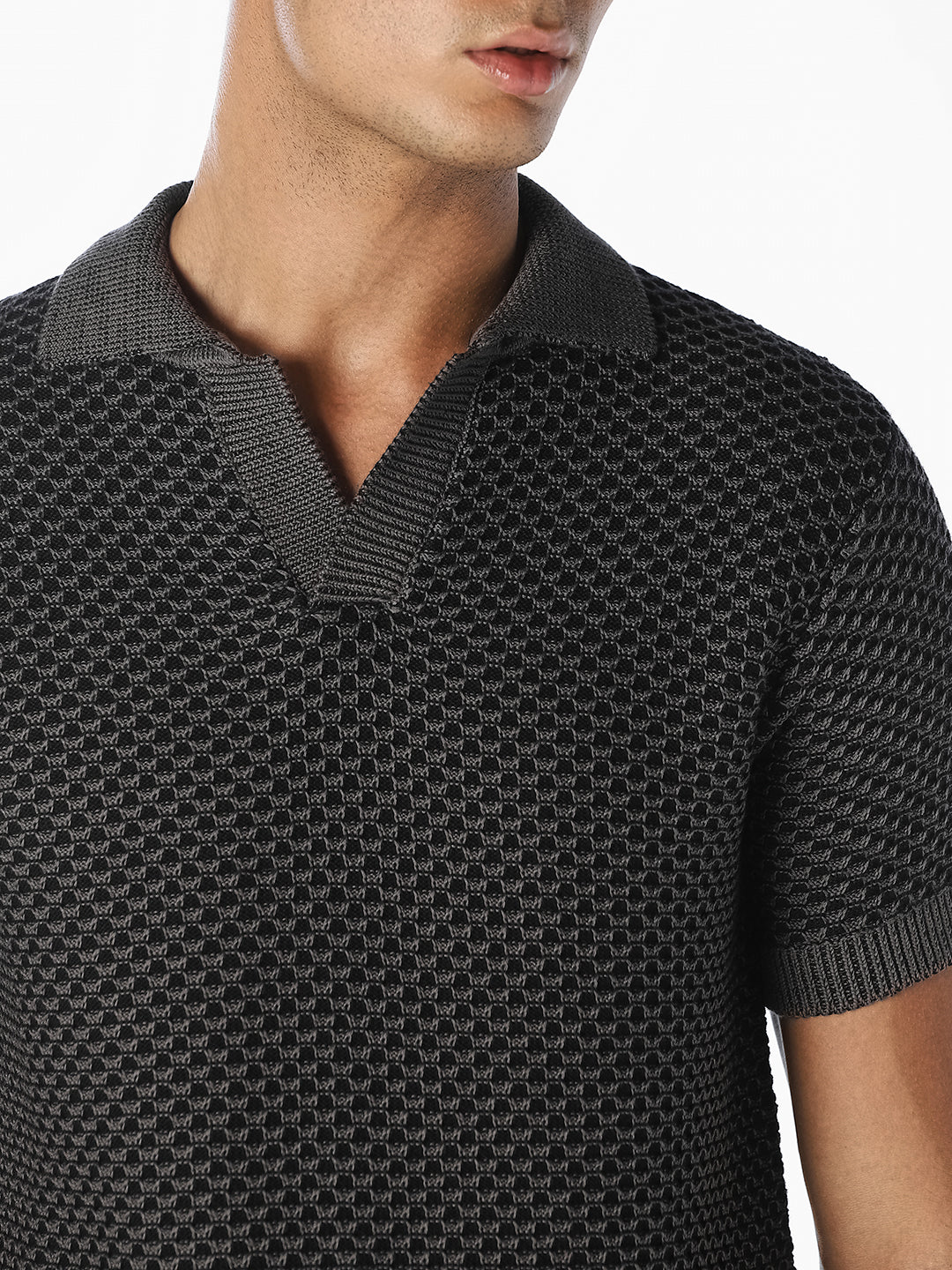 Charcoal Grey Textured Knitted Polo