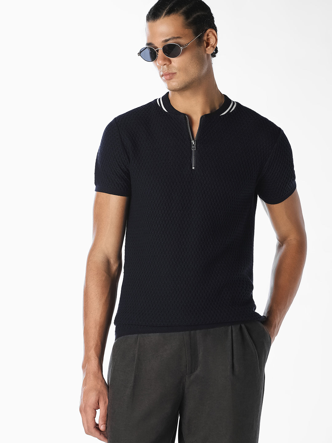 Navy Textured Zip-Neck T-Shirt