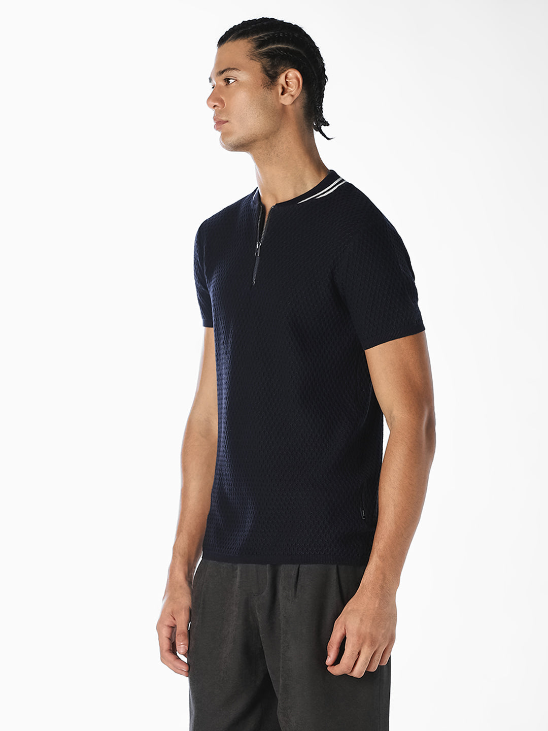 Navy Textured Zip-Neck T-Shirt