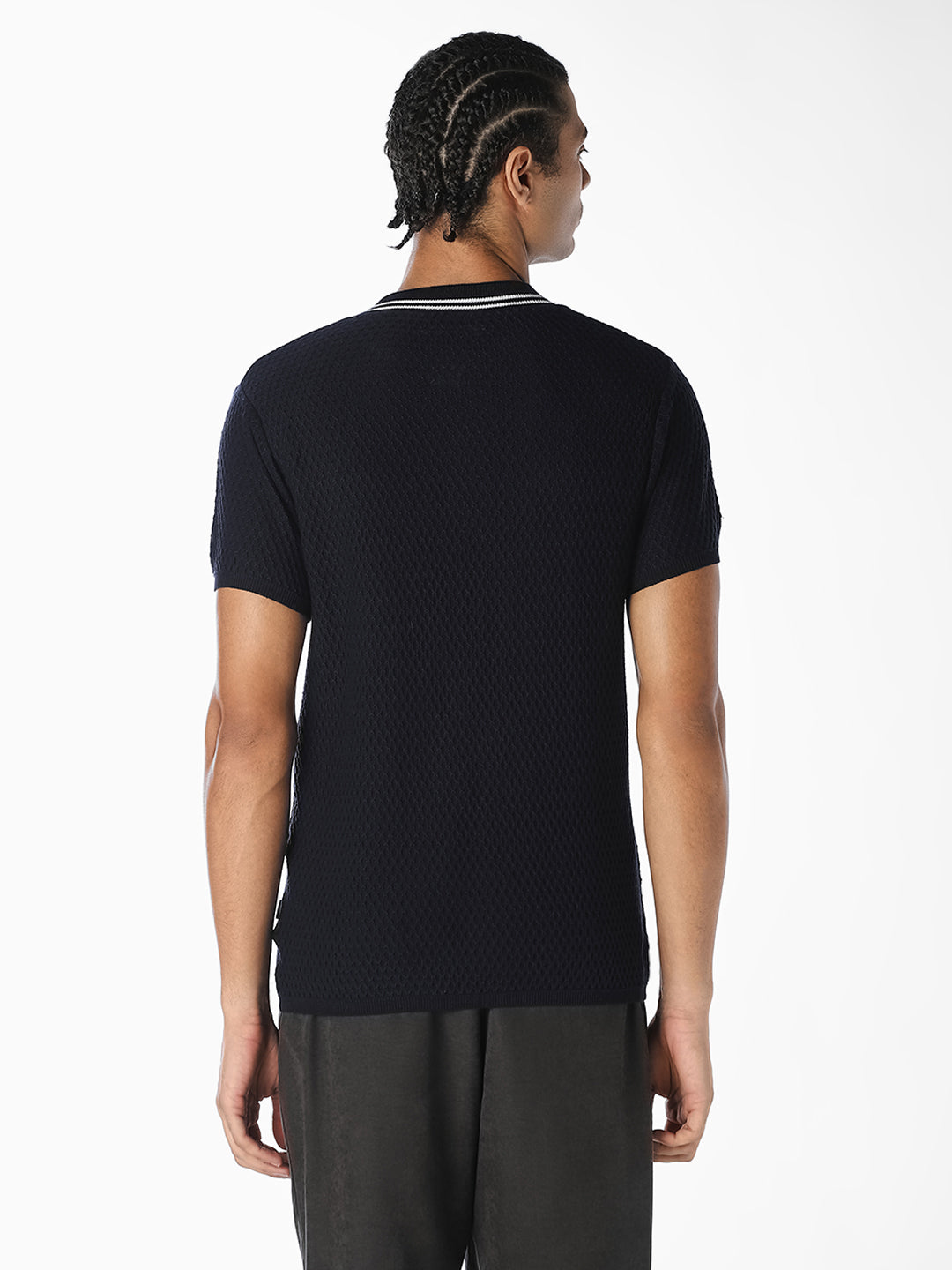 Navy Textured Zip-Neck T-Shirt