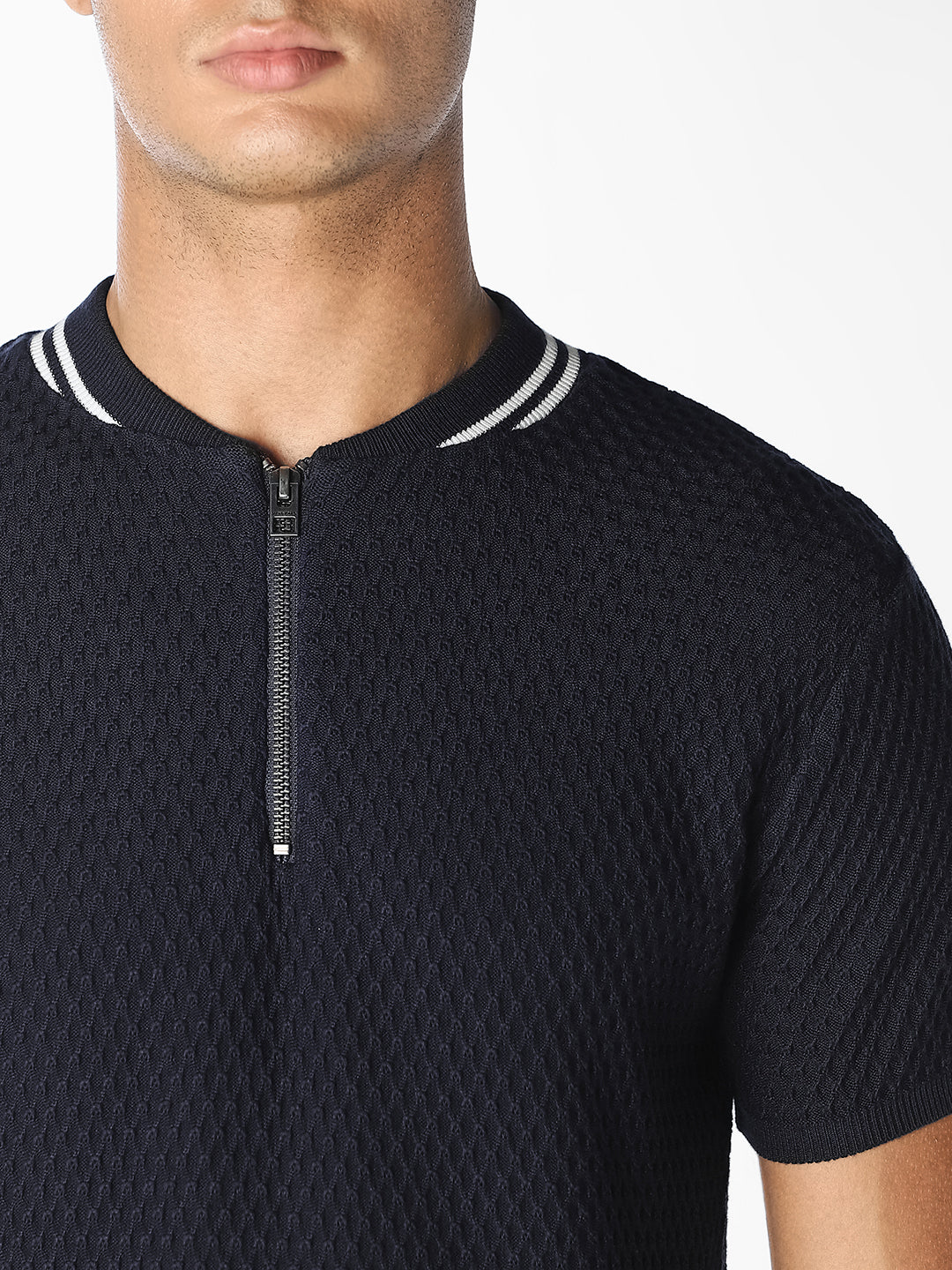 Navy Textured Zip-Neck T-Shirt