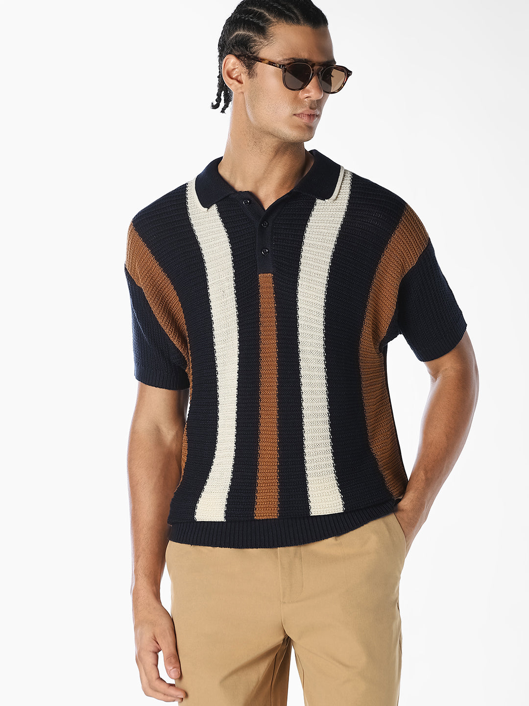 Navy Striped Knitted Polo - S