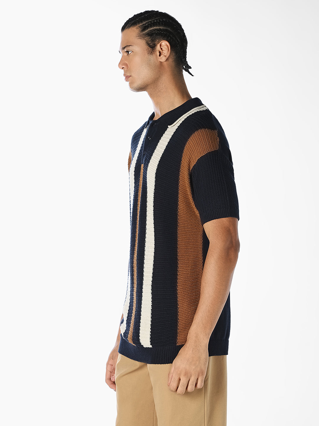 Navy Striped Knitted Polo