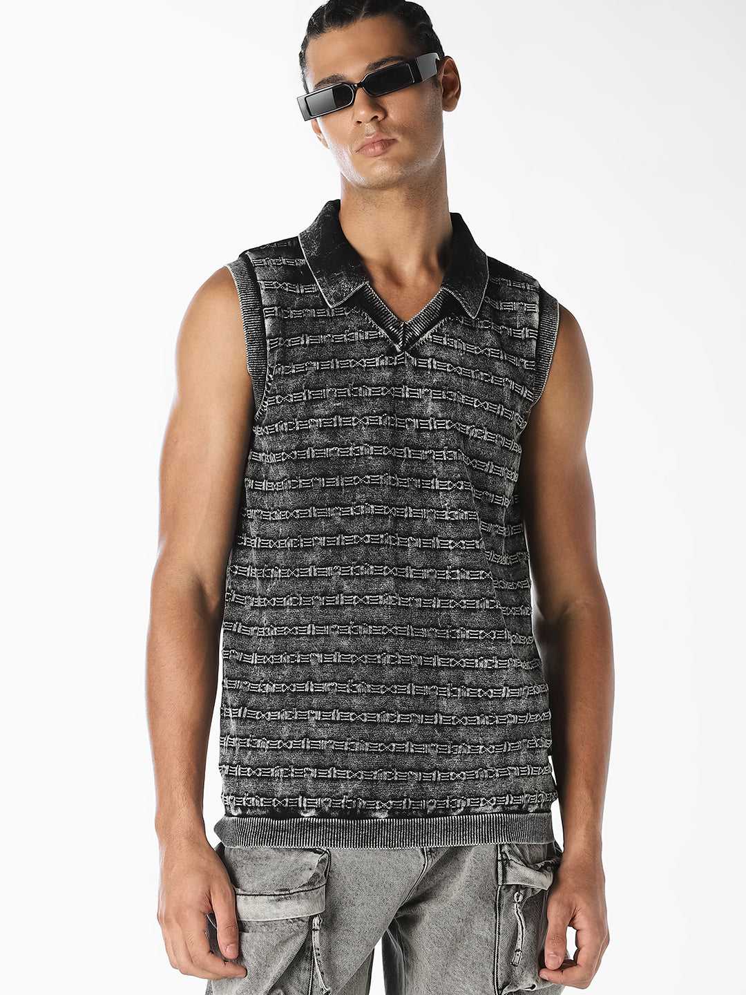 Charcoal Grey Patterned Knitted Polo - S