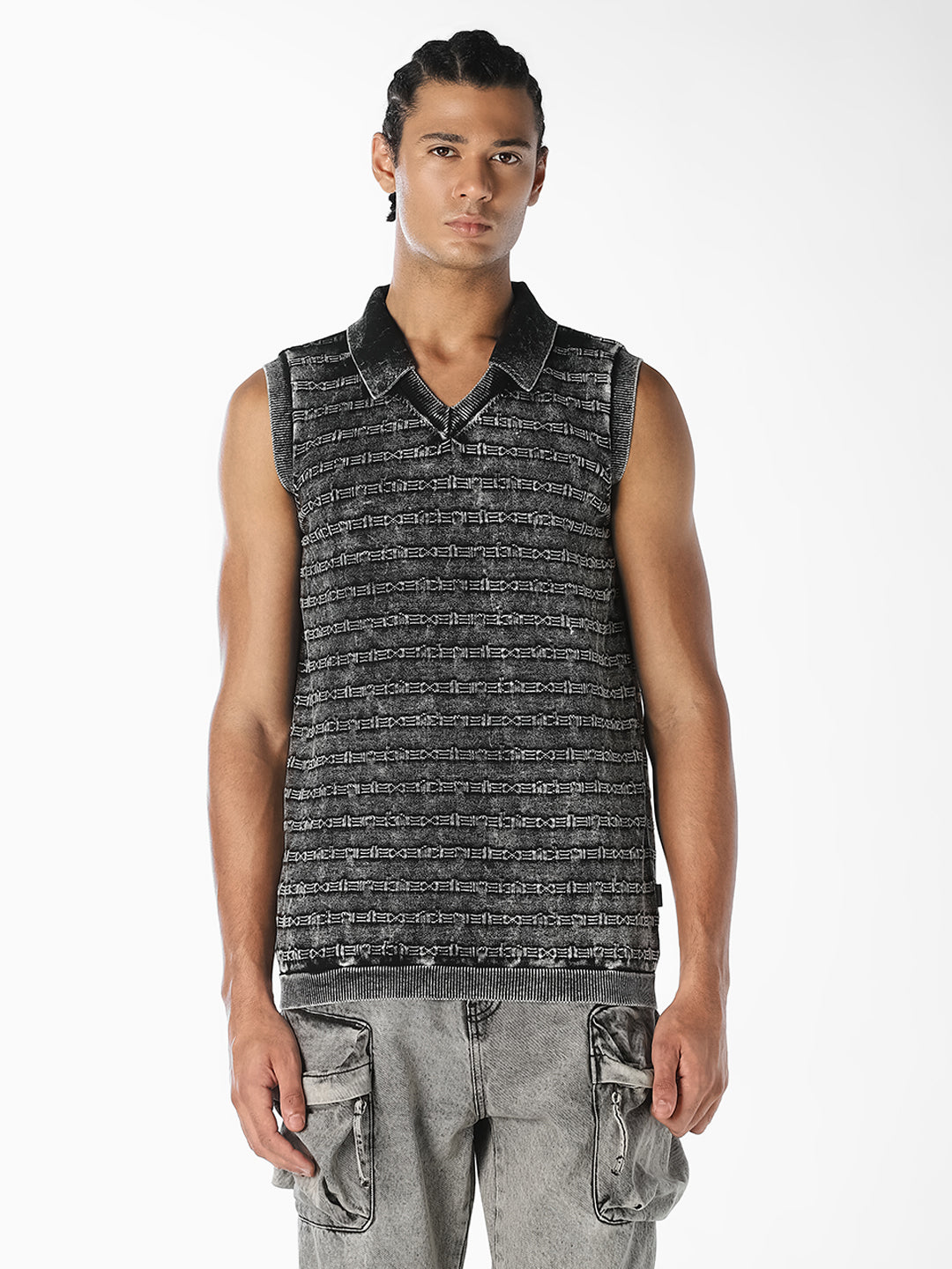 Charcoal Grey Patterned Knitted Polo
