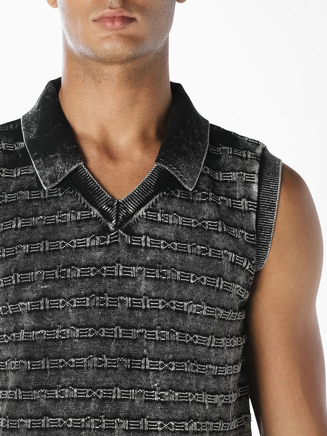 Charcoal Grey Patterned Knitted Polo