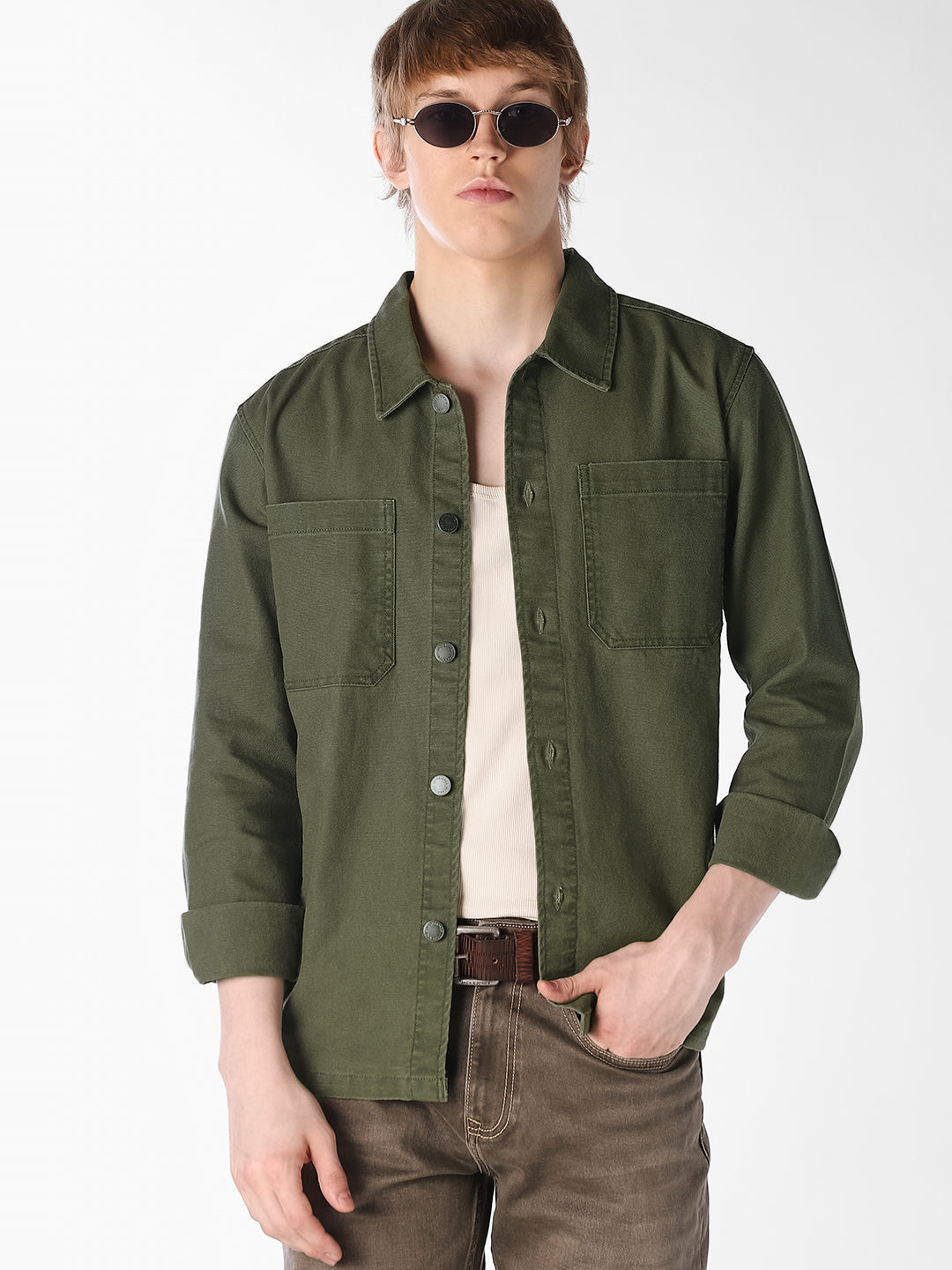 Dark Olive Twill Cotton Shirt - S