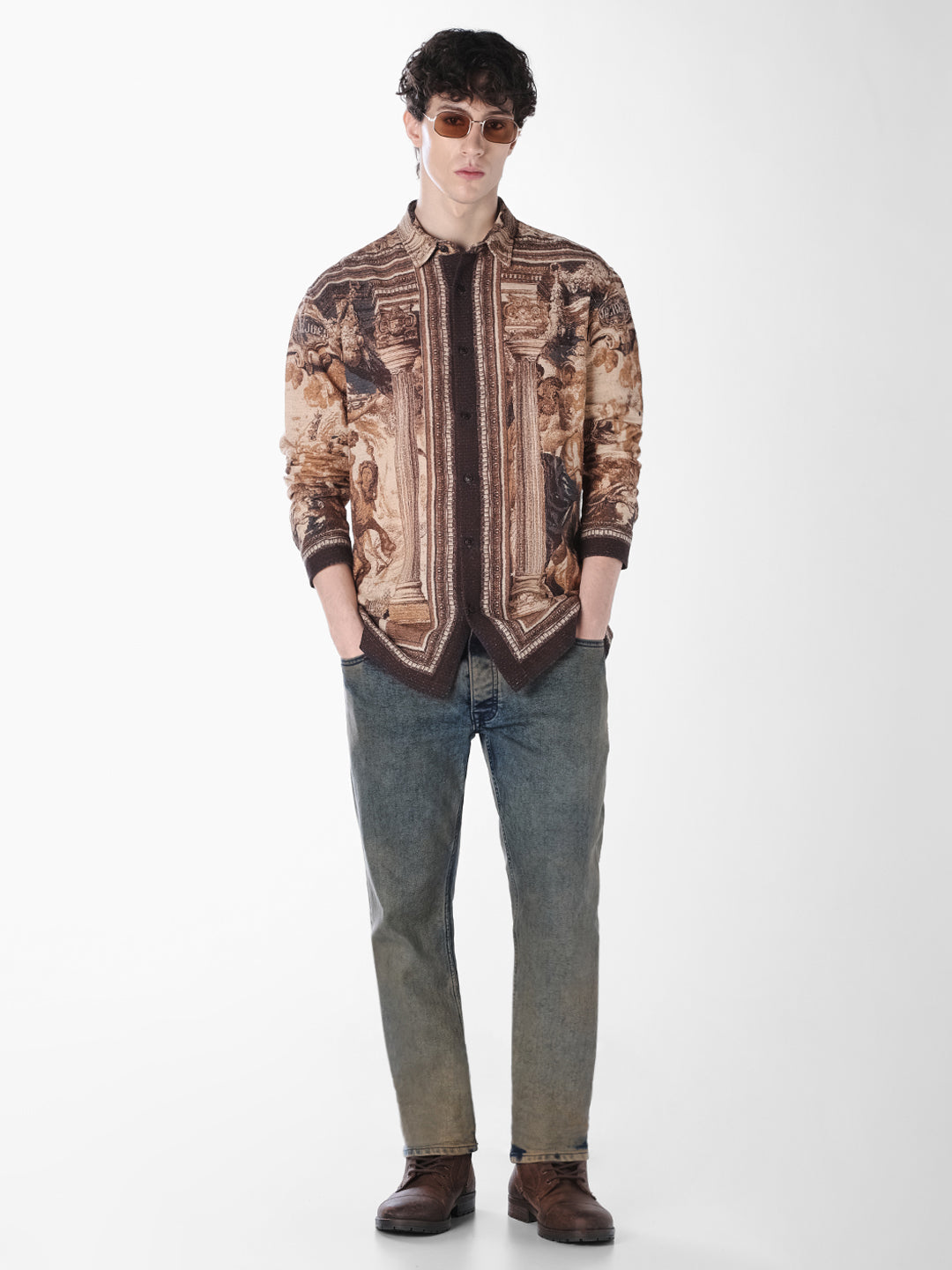 Brown Printed Cotton Shirt