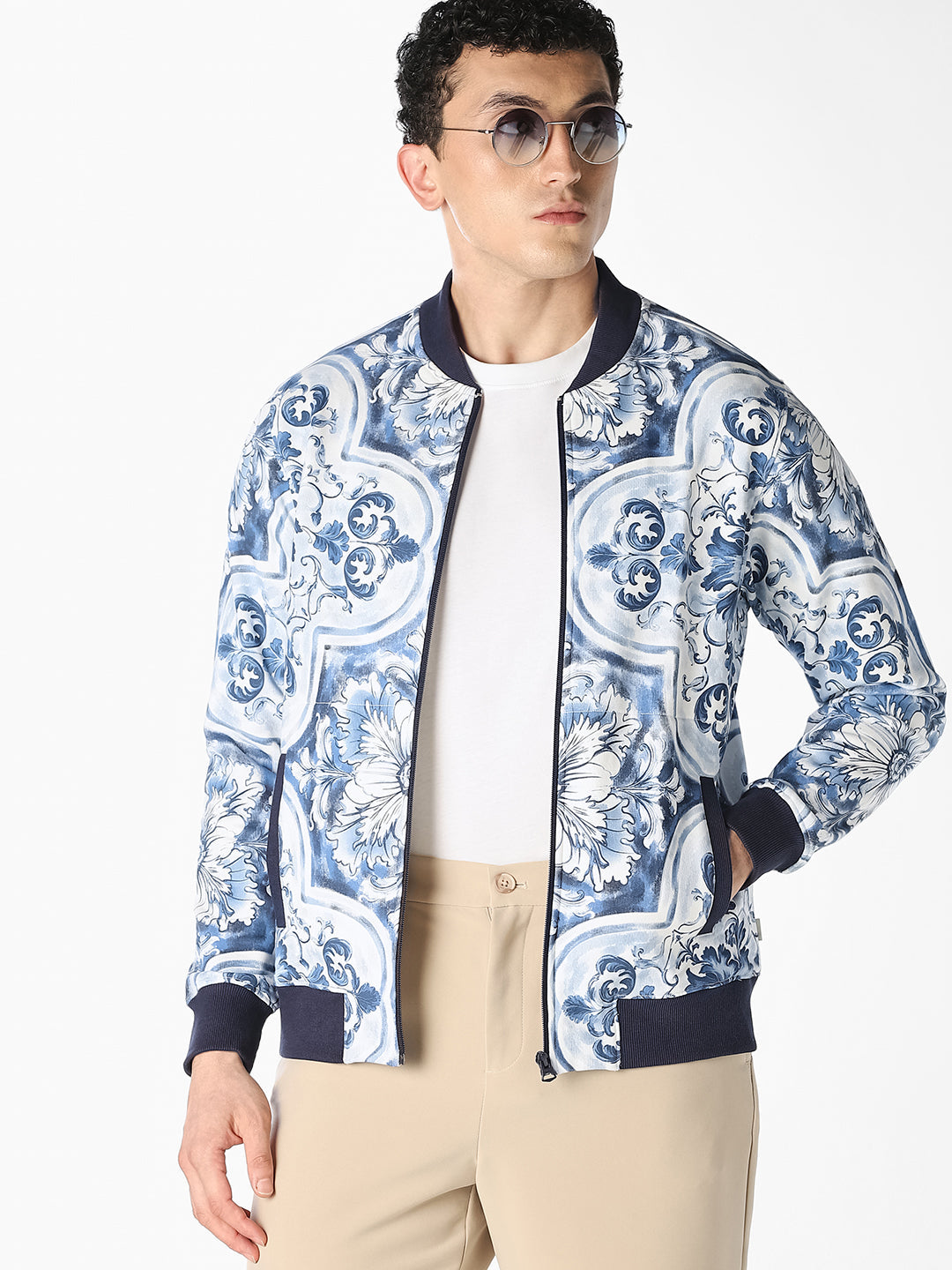 Blue Baroque Print Bomber Jacket - S