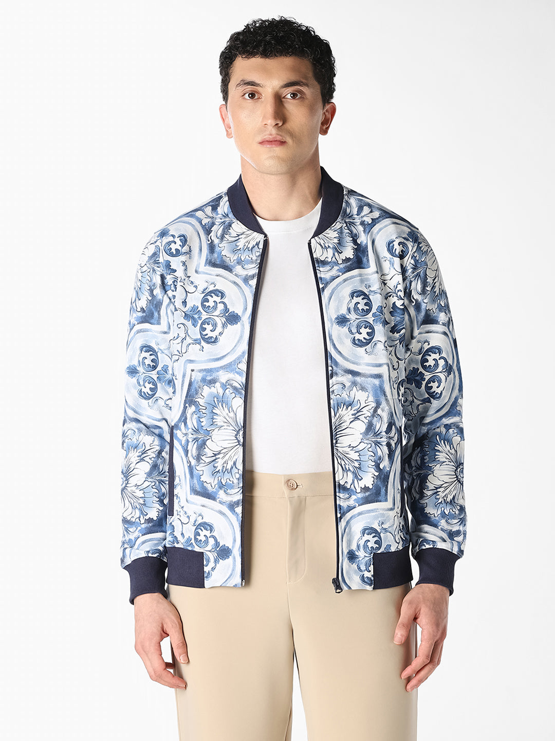 Blue Baroque Print Bomber Jacket