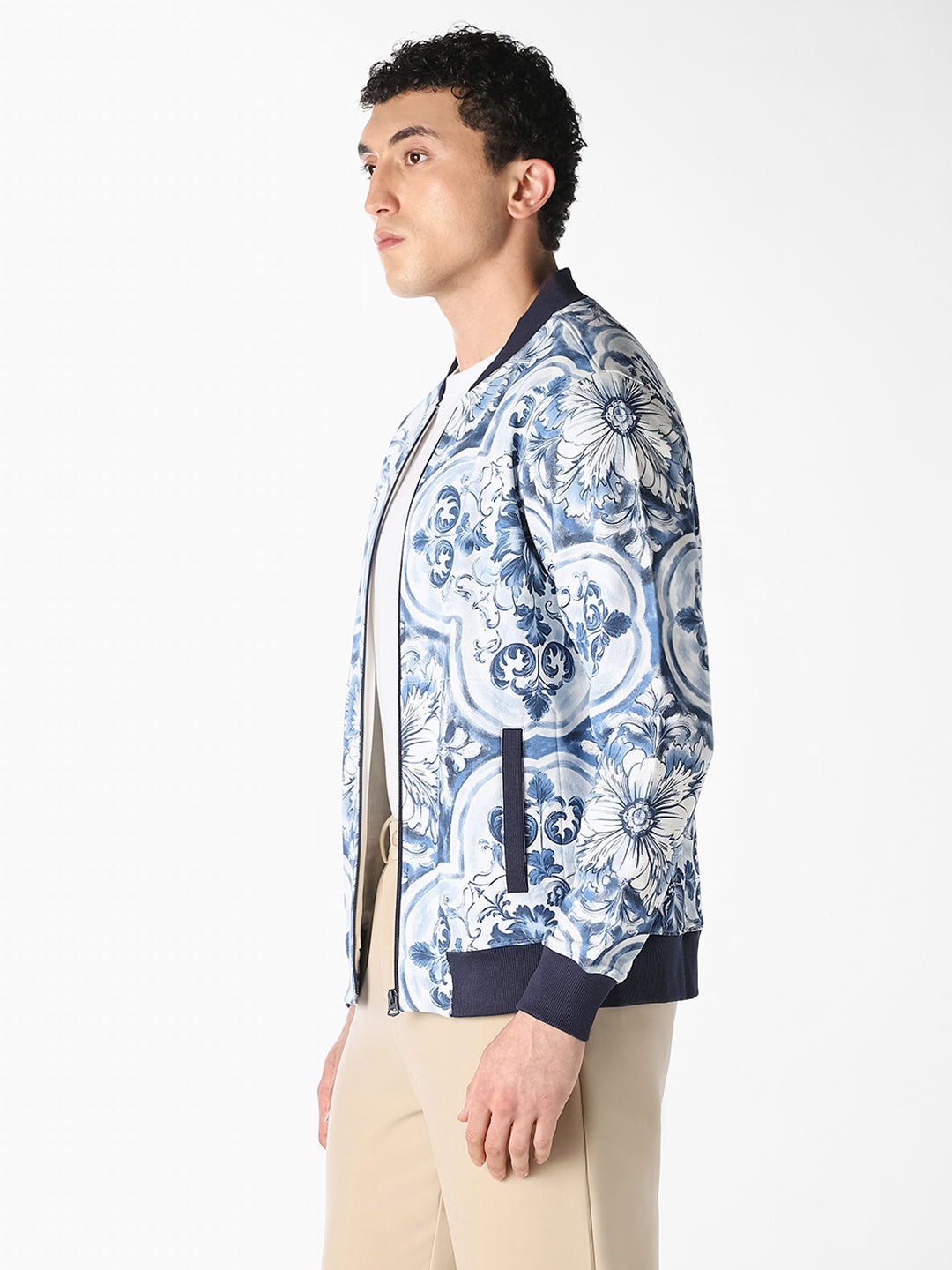 Blue Baroque Print Bomber Jacket