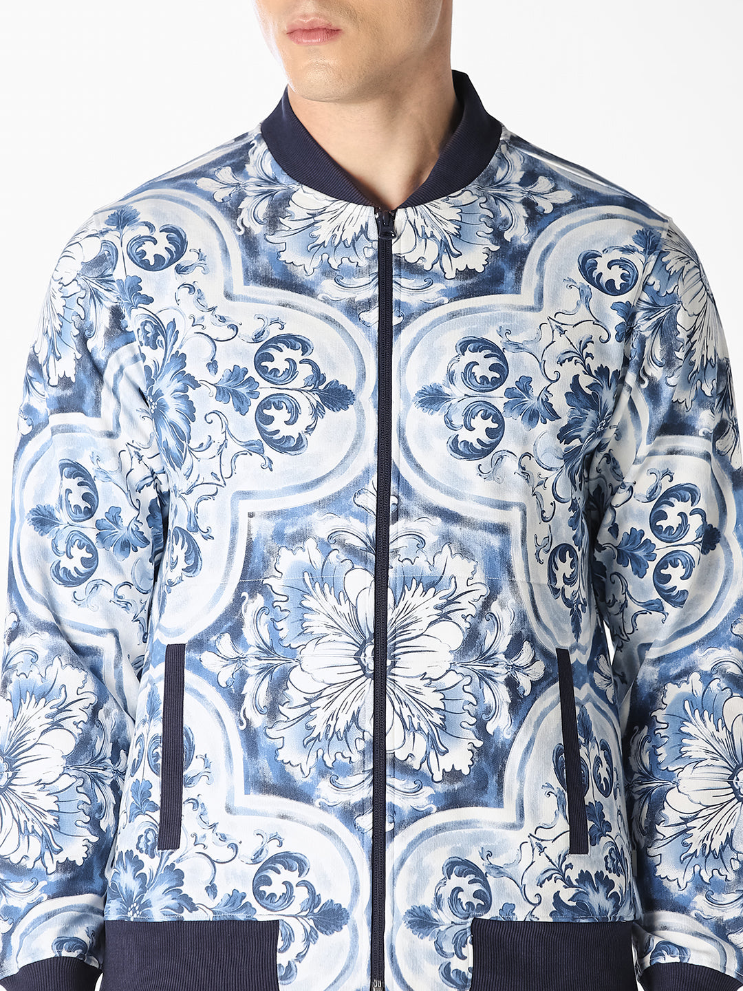 Blue Baroque Print Bomber Jacket