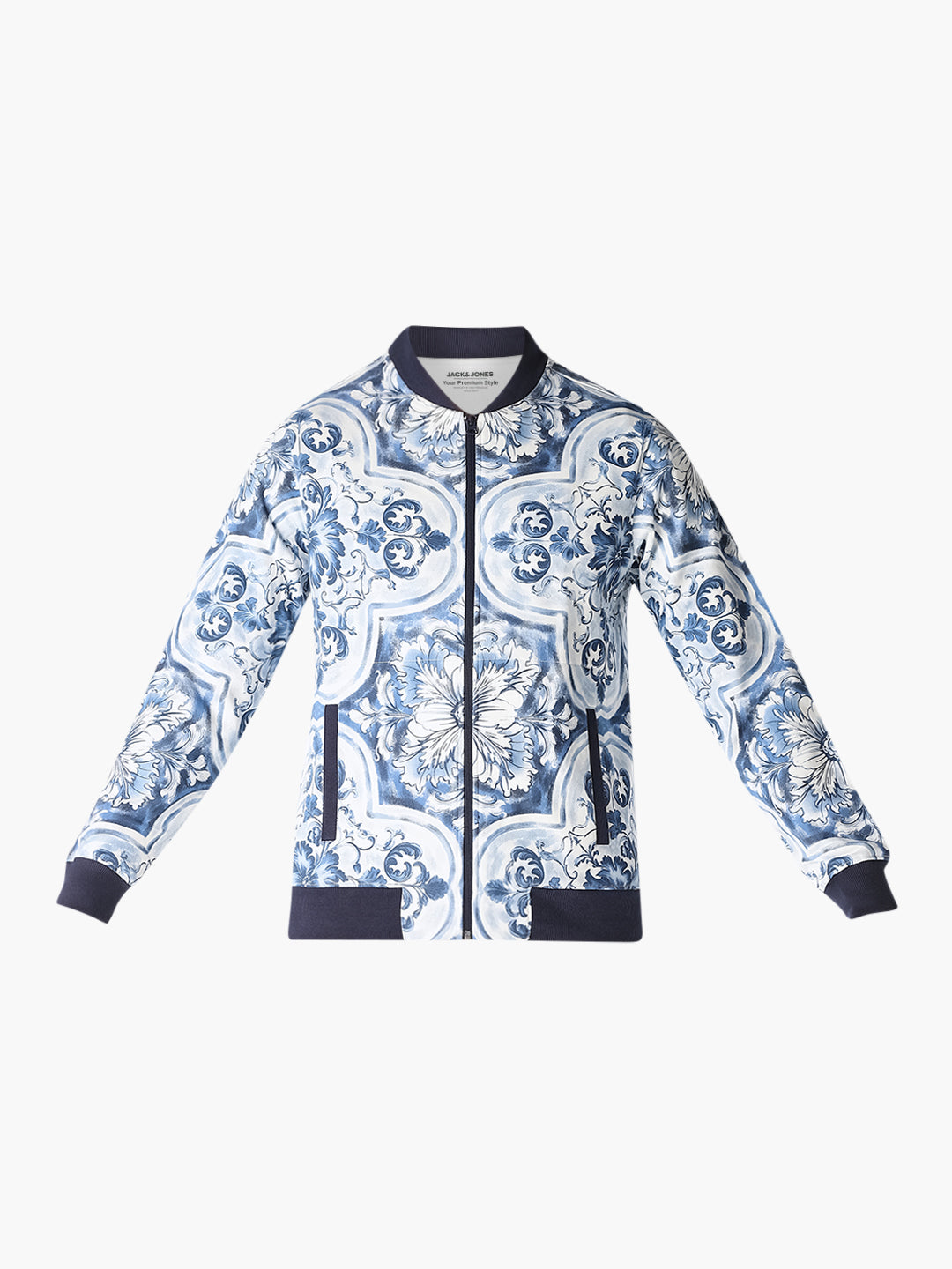 Blue Baroque Print Bomber Jacket
