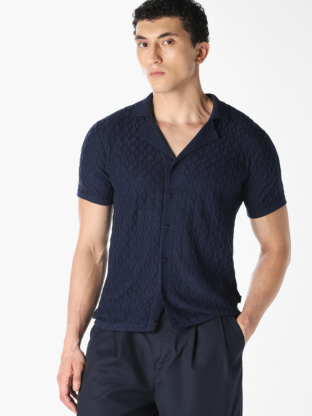 Navy Textured Knit Shirt - S