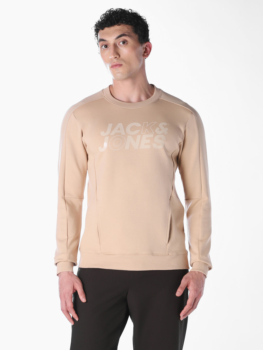 Cream Solid Regular Fit Sweatshirt