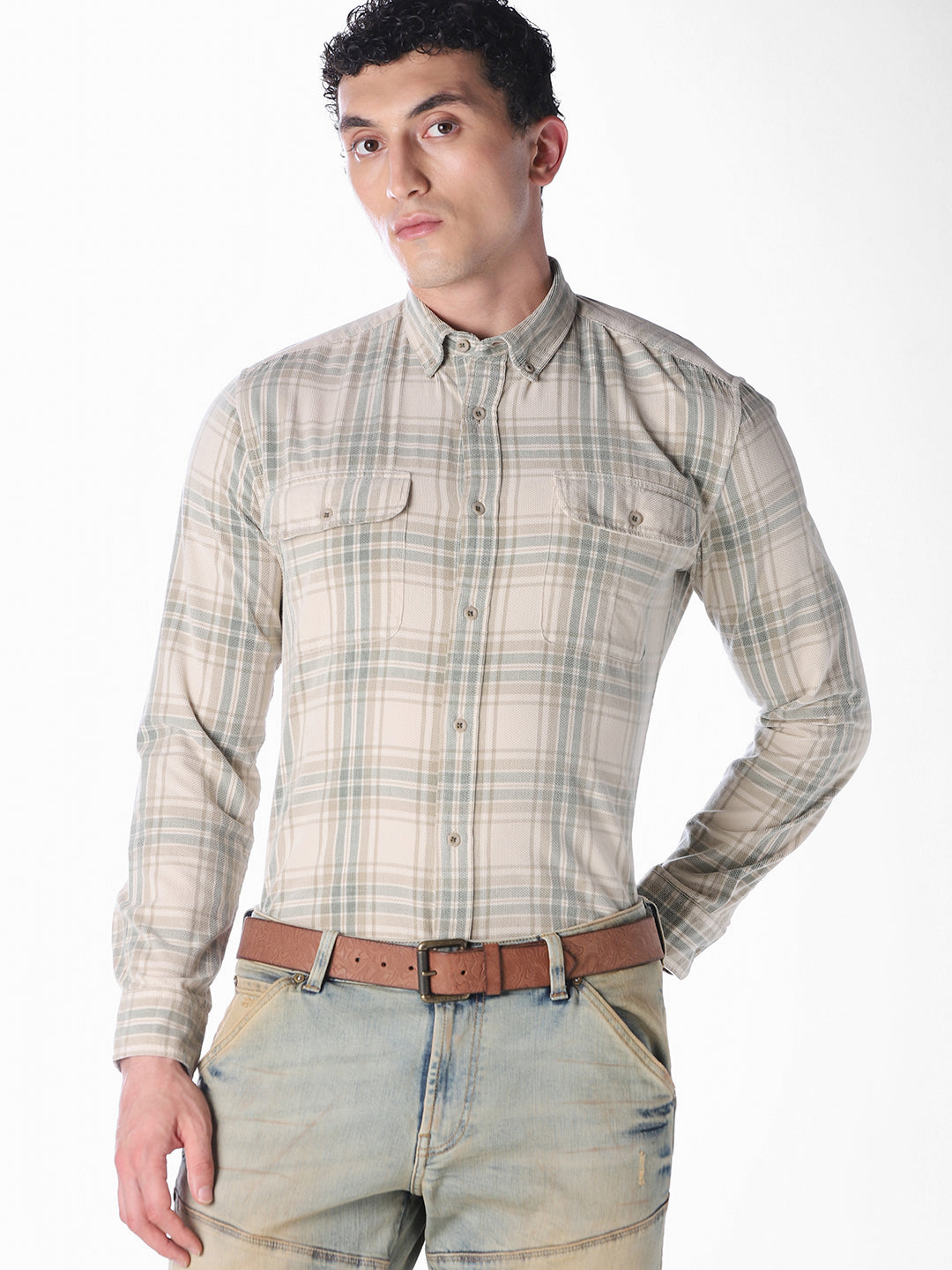 Olive Checked Regular Fit Shirt