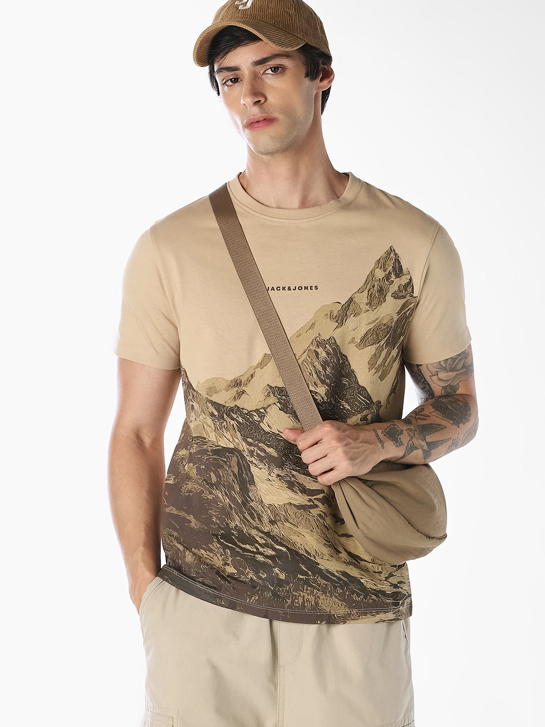 Beige Printed Cotton T-shirt