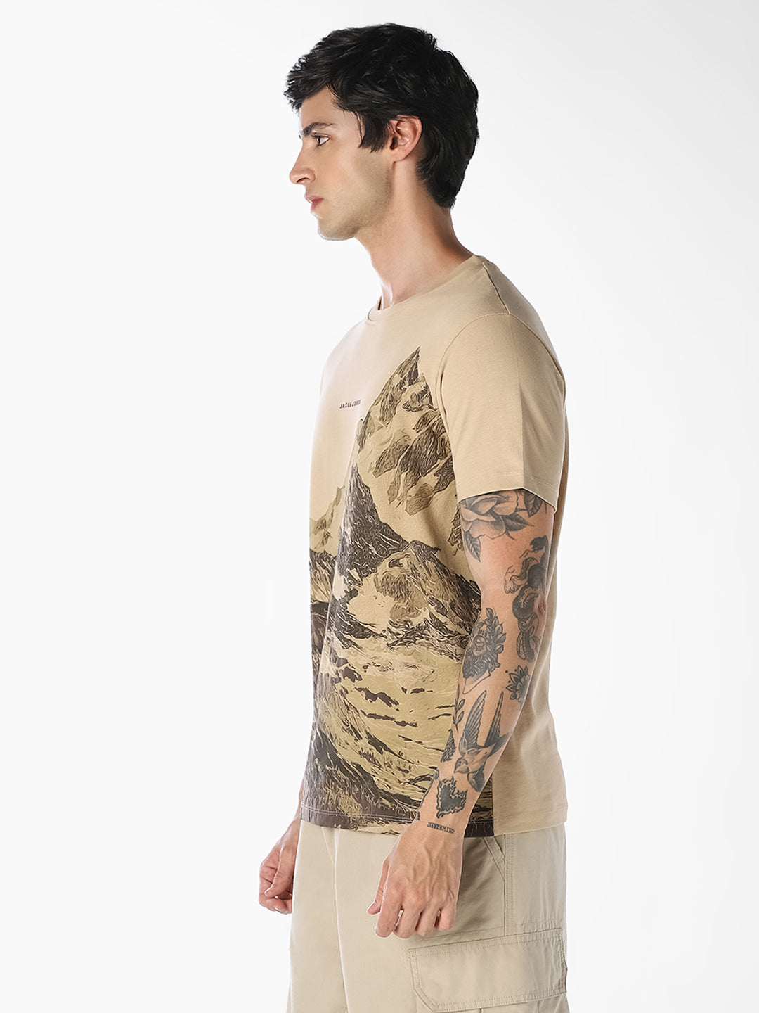 Beige Printed Cotton T-shirt
