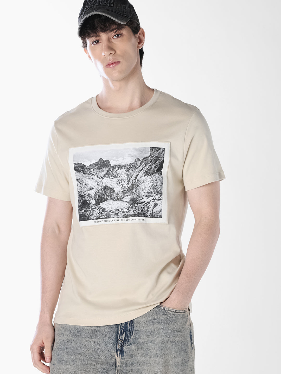 Cream Printed Crew Neck T-shirt