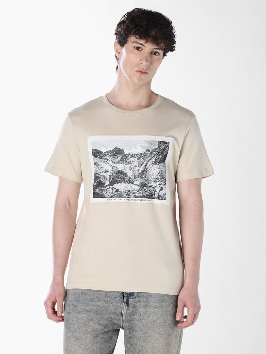 Cream Printed Crew Neck T-shirt