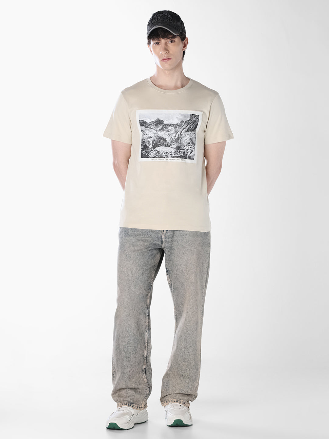 Cream Printed Crew Neck T-shirt