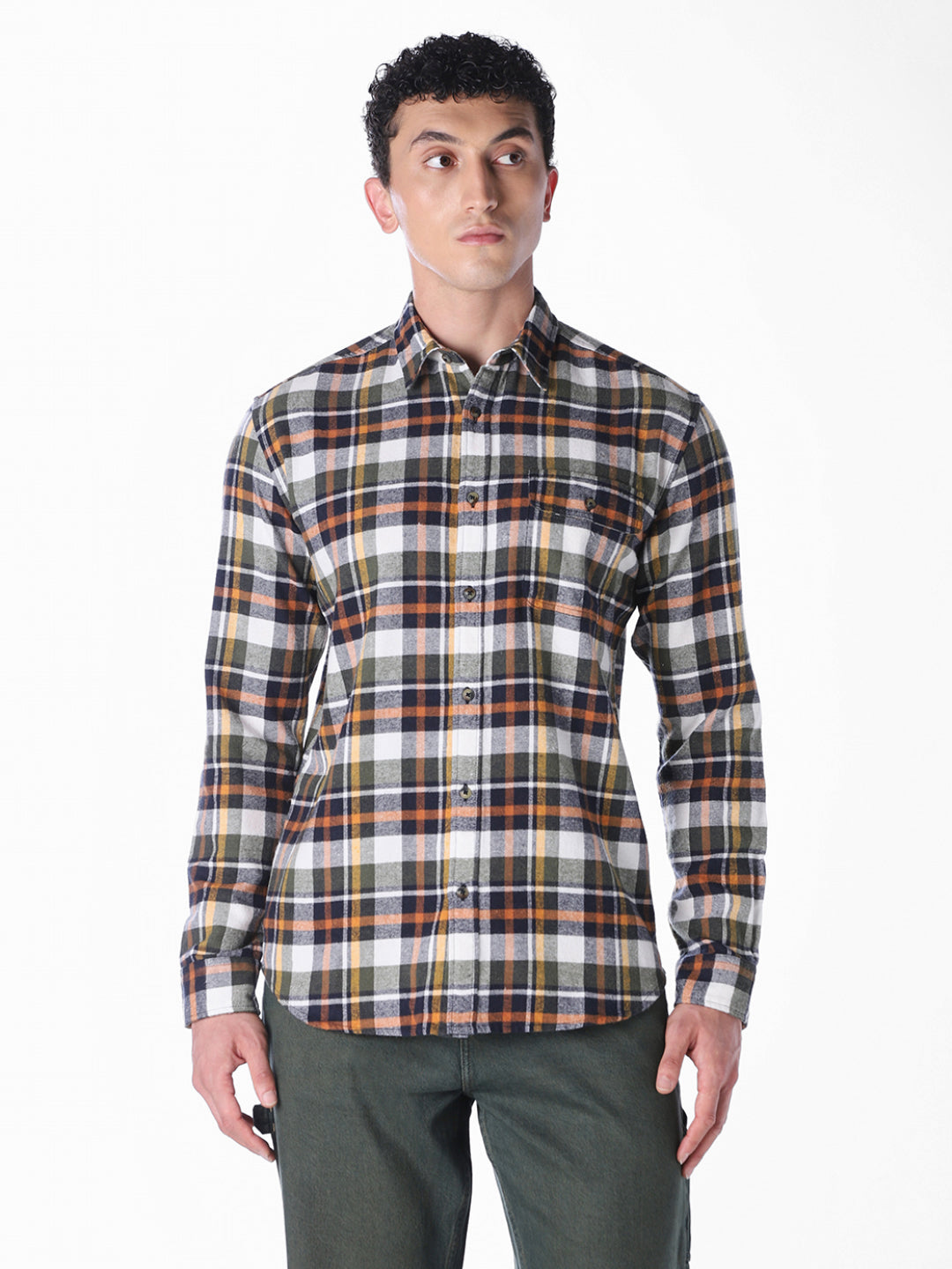 Olive Checked Regular Fit Shirt