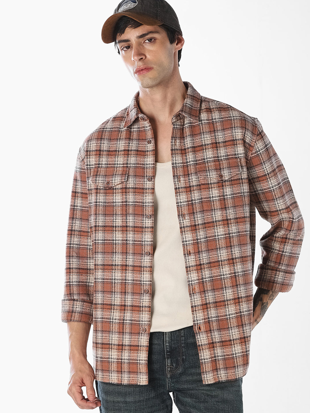 Brown Check Cotton Shirt - S
