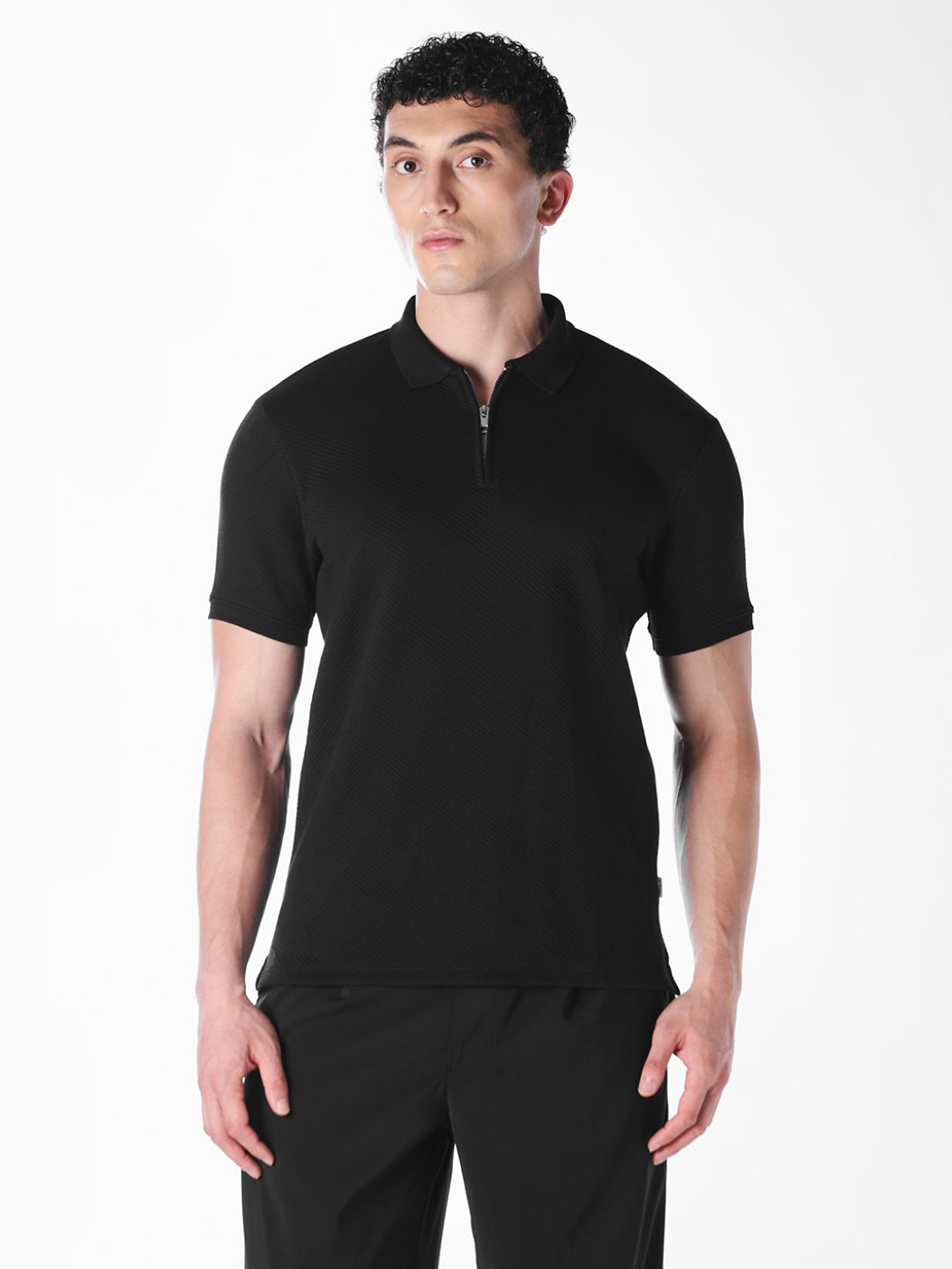 Black Jacquard Regular Fit polos