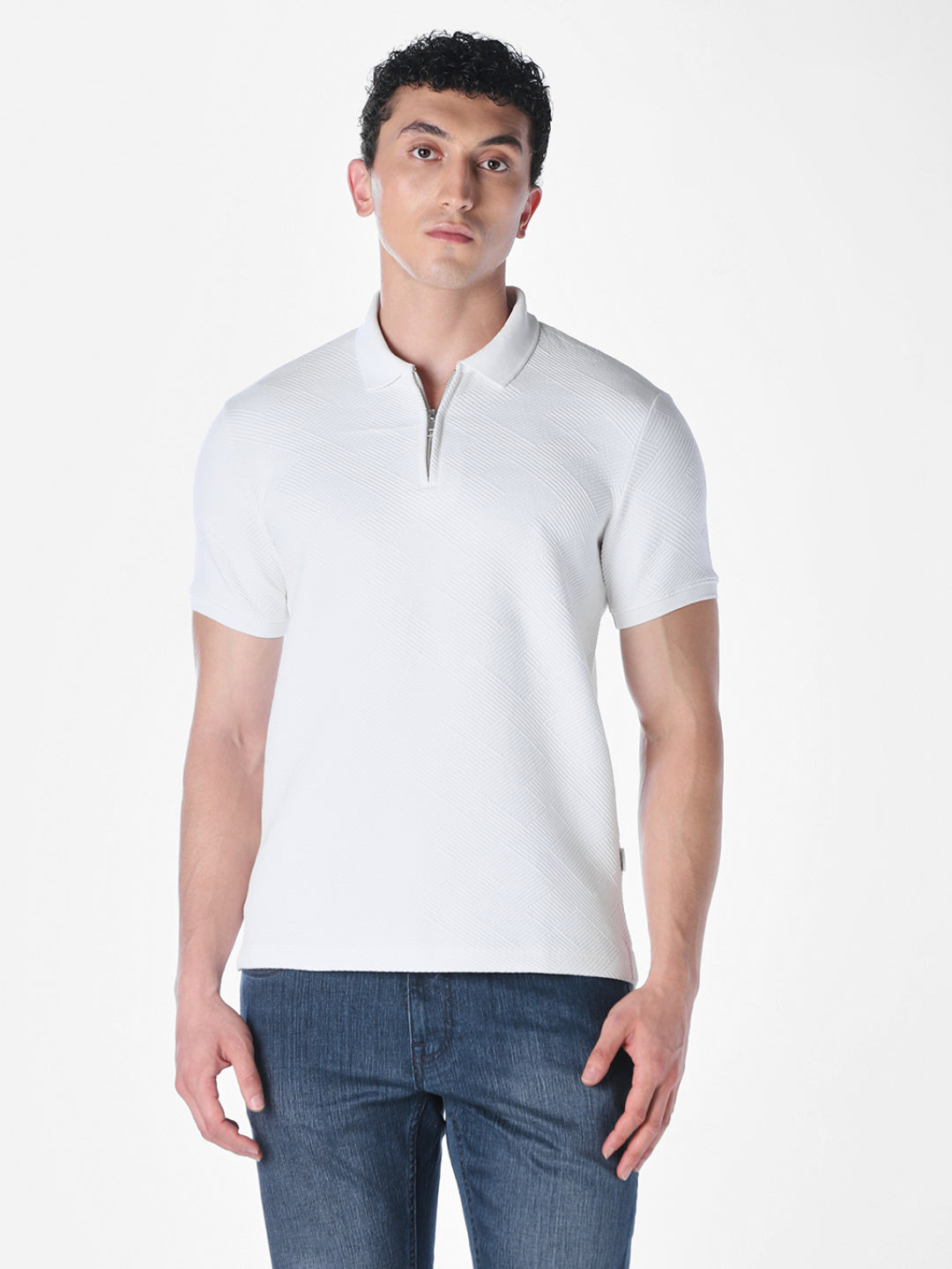 White Jacquard Regular Fit polos