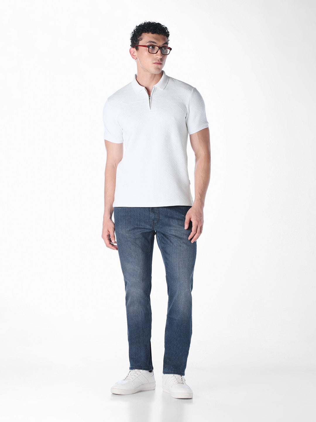 White Jacquard Regular Fit polos