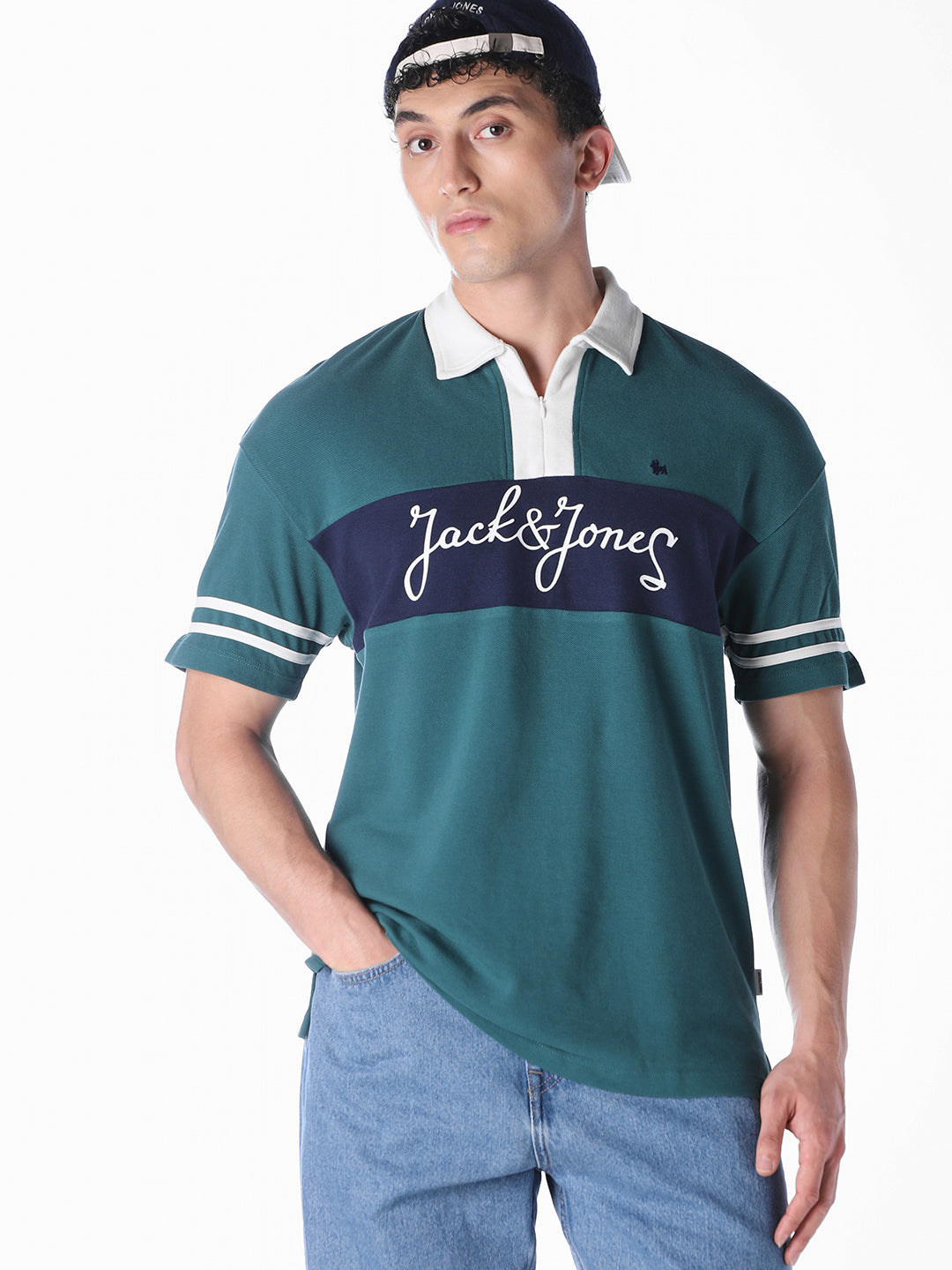 Green colour blocked Oversized Fit polos