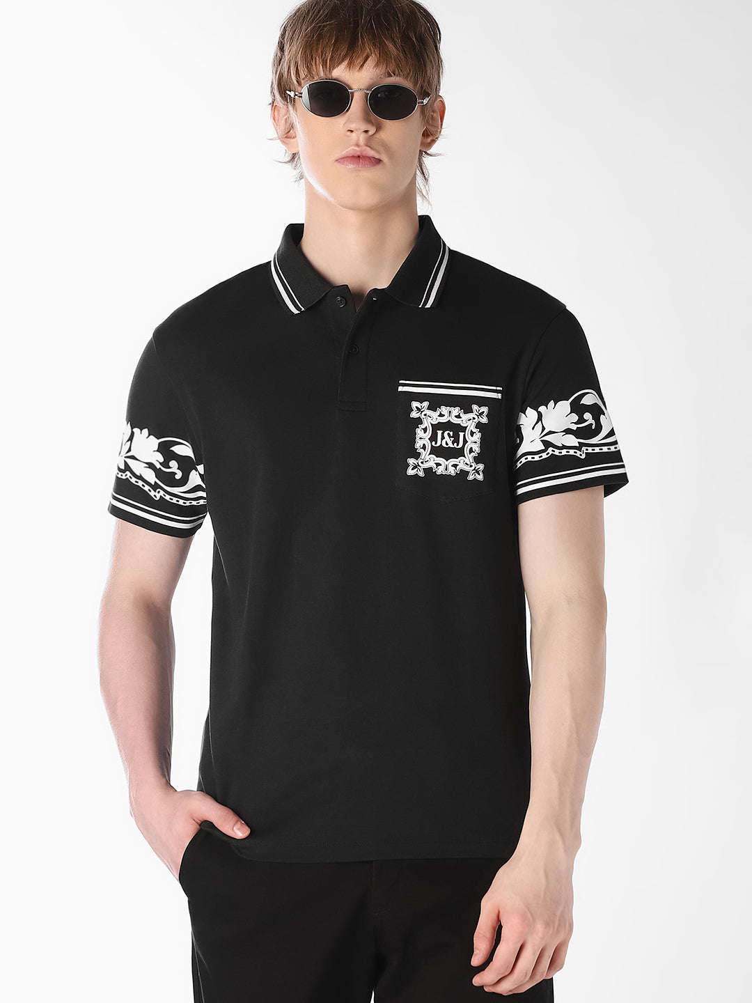 Black Printed Cotton Polo - S