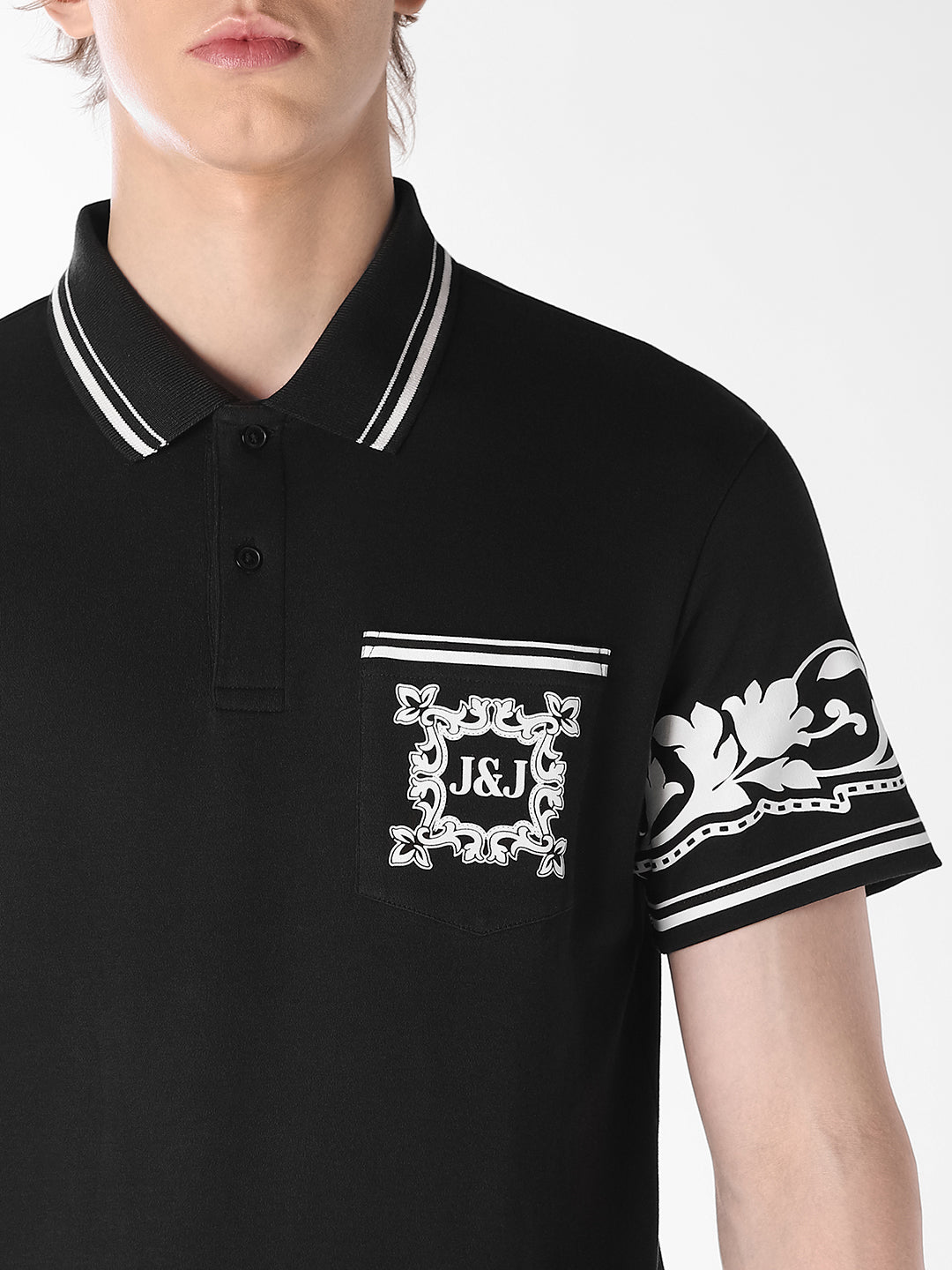Black Printed Cotton Polo