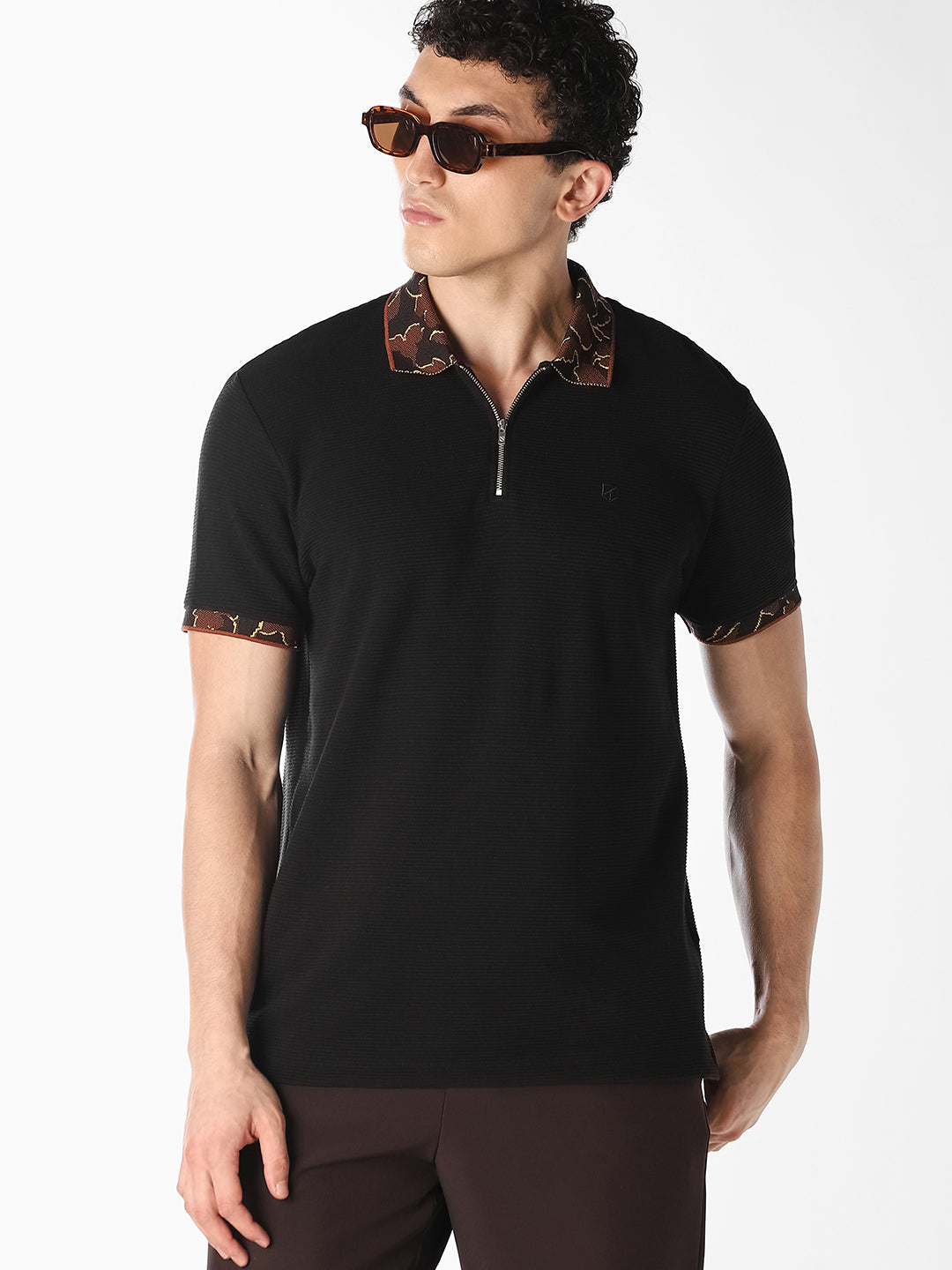 Black Textured Zip Polo