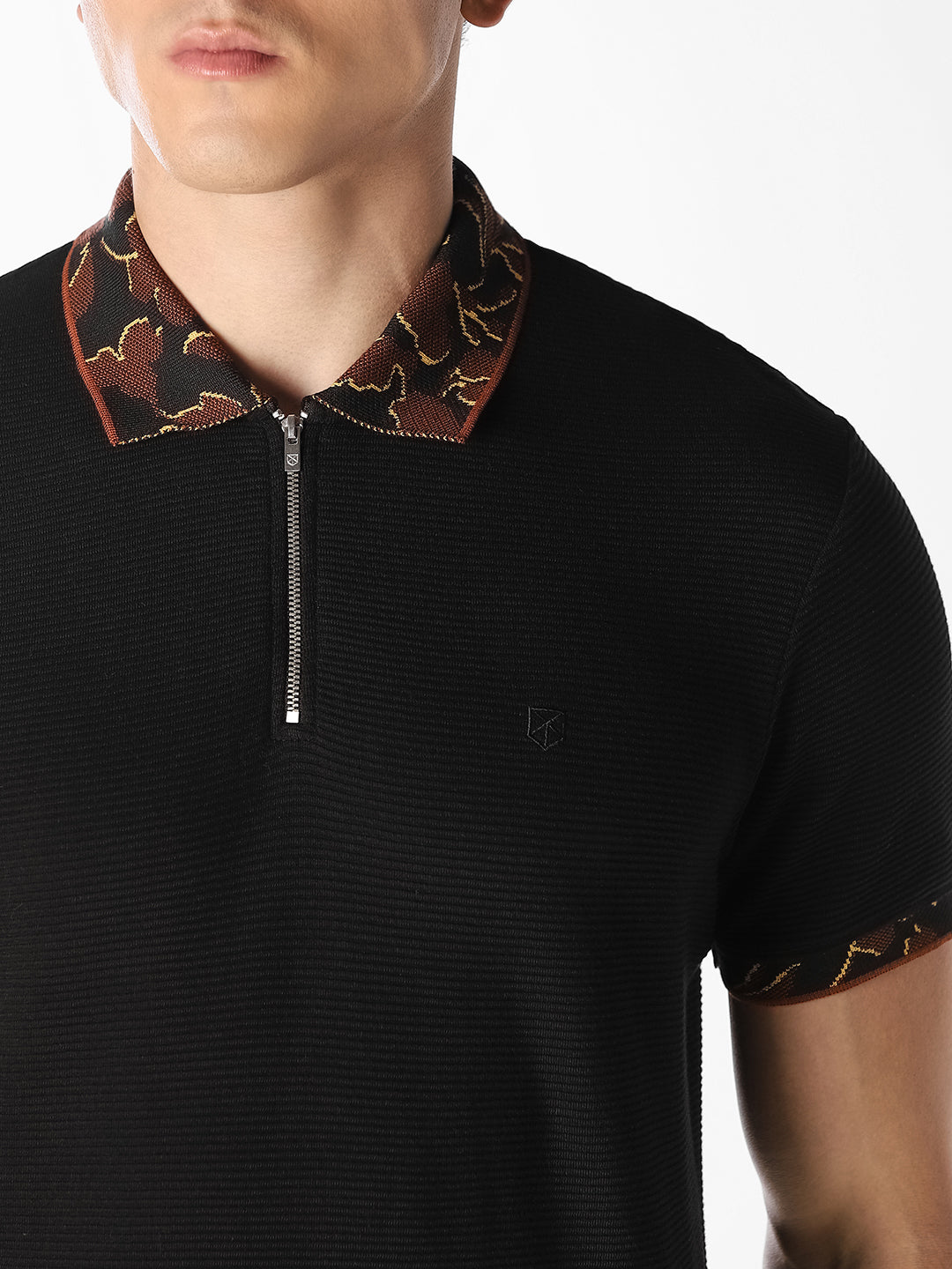 Black Textured Zip Polo